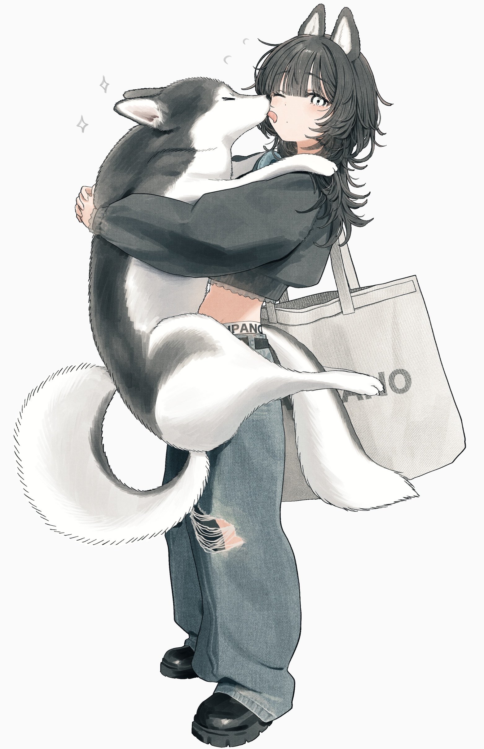 takaya riku, original, absurdres, commentary, highres, symbol-only commentary, 1girl, animal, animal ears, bag, black hair, black jacket, black shoes, blue pants, crop top, cropped jacket, denim, full body, grey eyes, holding, holding animal, jacket, jeans, long hair, long sleeves, pants, shoes, shoulder bag, simple background, solo, standing, torn clothes, torn pants, white background, wolf, wolf ears, wolf girl