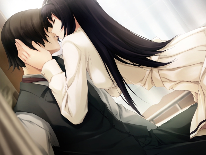 sugina miki, tokisaka reiji, tsukishima orihime, innocent grey, kara no shoujo, game cg, 1boy, 1girl, black hair, closed eyes, couple, faceless, faceless male, formal clothes, frills, hairband, hetero, kiss, long hair, school uniform, short hair