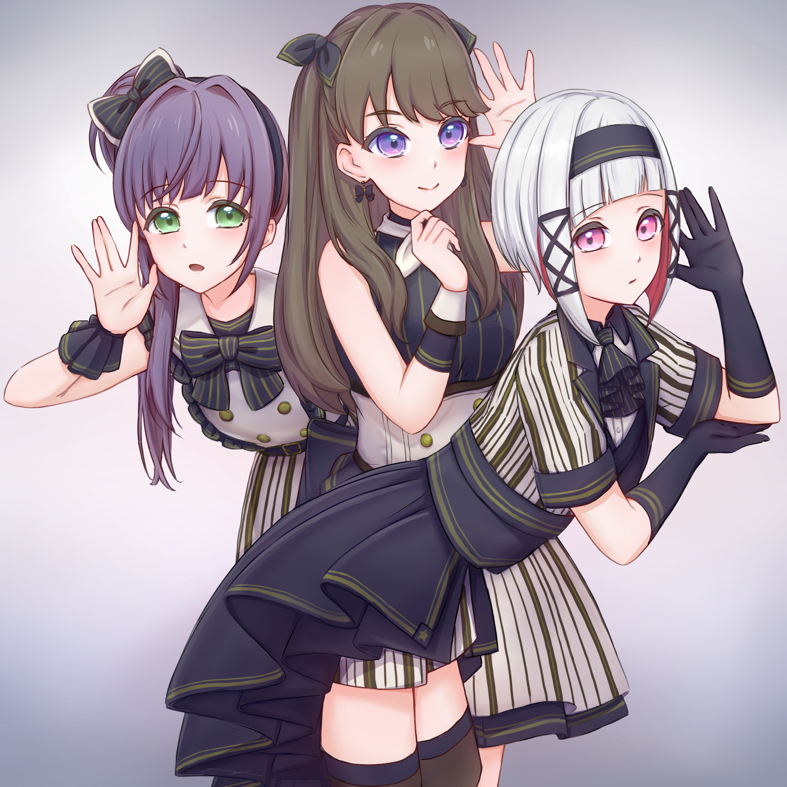 kannogi, fujishima megumi, otomune kozue, yugiri tsuzuri, link! like! love live!, love live!, absurdres, commentary, highres, revision, 3girls, ||/, ascot, black ascot, black bow, black bowtie, black gloves, black hairband, black headband, black thighhighs, blush, bob cut, bow, bowtie, brown hair, closed mouth, colored inner hair, cowboy shot, diagonal bangs, elbow gloves, gloves, gradient background, green eyes, grey background, hair bow, hair bun, hairband, hand on own elbow, hasu no daisankaku, headband, inverted bob, leaning forward, long hair, miniskirt, multicolored hair, multiple girls, official alternate costume, open hand, open mouth, pink eyes, pinstripe ascot, pinstripe bowtie, pinstripe pattern, pinstripe shirt, pinstripe shorts, pinstripe skirt, purple eyes, purple hair, red hair, shirt, short hair, short shorts, shorts, side ponytail, sidelocks, simple background, single side bun, skirt, smile, standing, streaked hair, thighhighs, two side up, virtual youtuber, white hair, white wrist cuffs, wrist cuffs, yunokuni girls! (love live!)