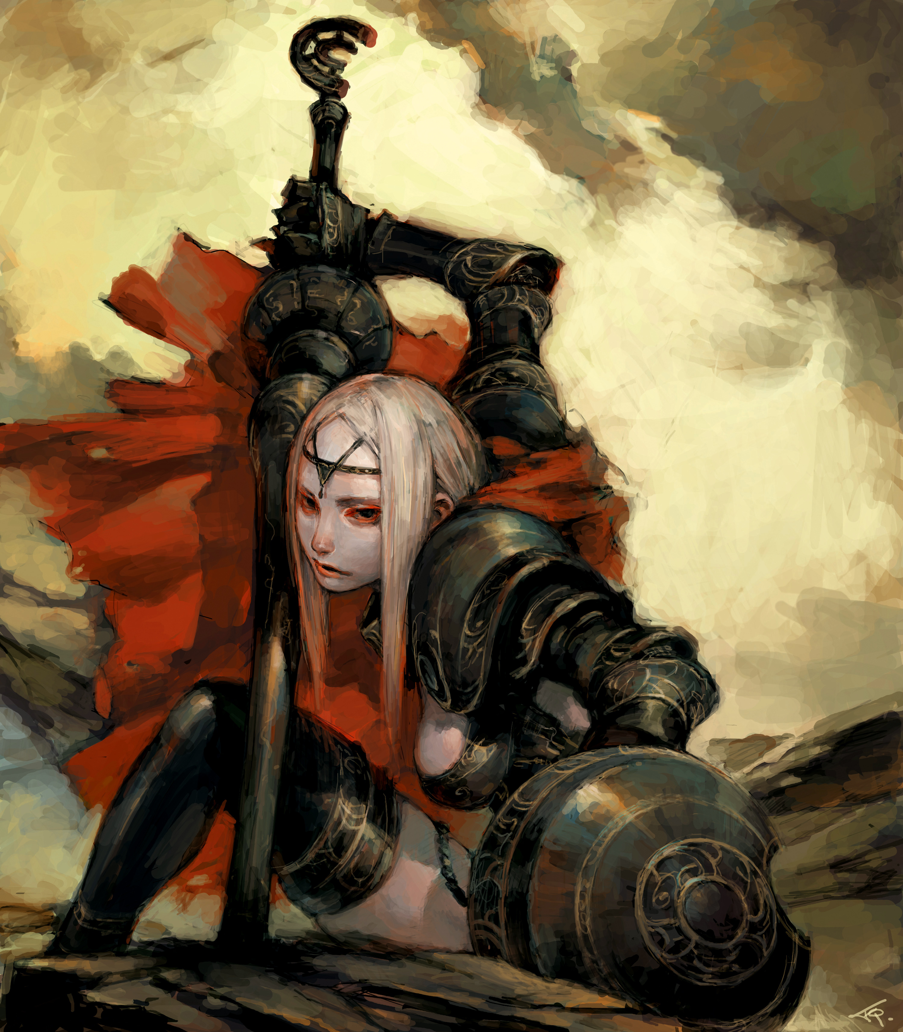 fcp, original, absurdres, highres, 1girl, armor, blonde hair, cape, female focus, long hair, shield, solo, sword, thighhighs, weapon