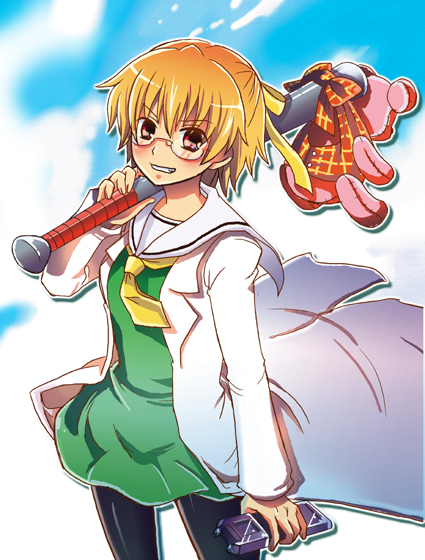 amaaki, houjou satoko, higurashi no naku koro ni, 00s, 1girl, baseball bat, black pantyhose, blonde hair, blue sky, blush, cloud, cloudy sky, cowboy shot, cropped legs, dress, electroshock weapon, female focus, glasses, green dress, grin, hair ribbon, hairband, hand up, holding, jacket, lab coat, less-than-lethal weapon, long sleeves, looking at viewer, pantyhose, red eyes, ribbon, rimless eyewear, sailor collar, sailor dress, short hair, sky, smile, solo, stuffed animal, stuffed toy, stun gun, taser, teddy bear, teeth, white jacket, yellow ribbon