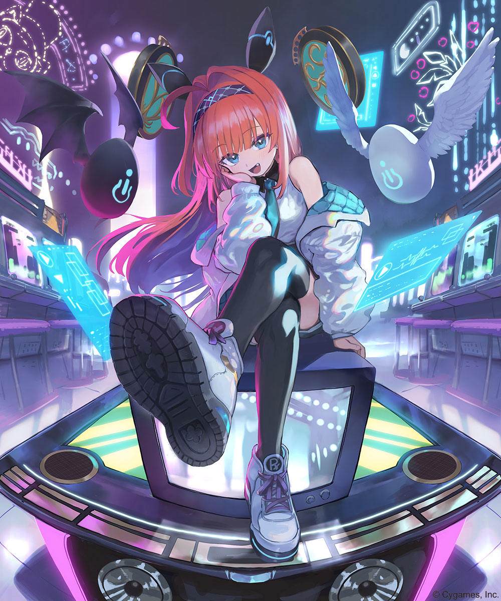 ponzu (catponz), character request, copyright request, highres, translation request, 1girl, blue eyes, egg, fang, floating, flying, necktie, red hair, science fiction, shoes, sitting, solo, speaker
