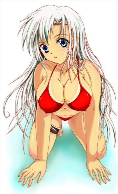 minakami junta, original, 1girl, all fours, bikini, blue eyes, breasts, cleavage, covered erect nipples, female focus, large breasts, long hair, red bikini, solo, swimsuit, white hair