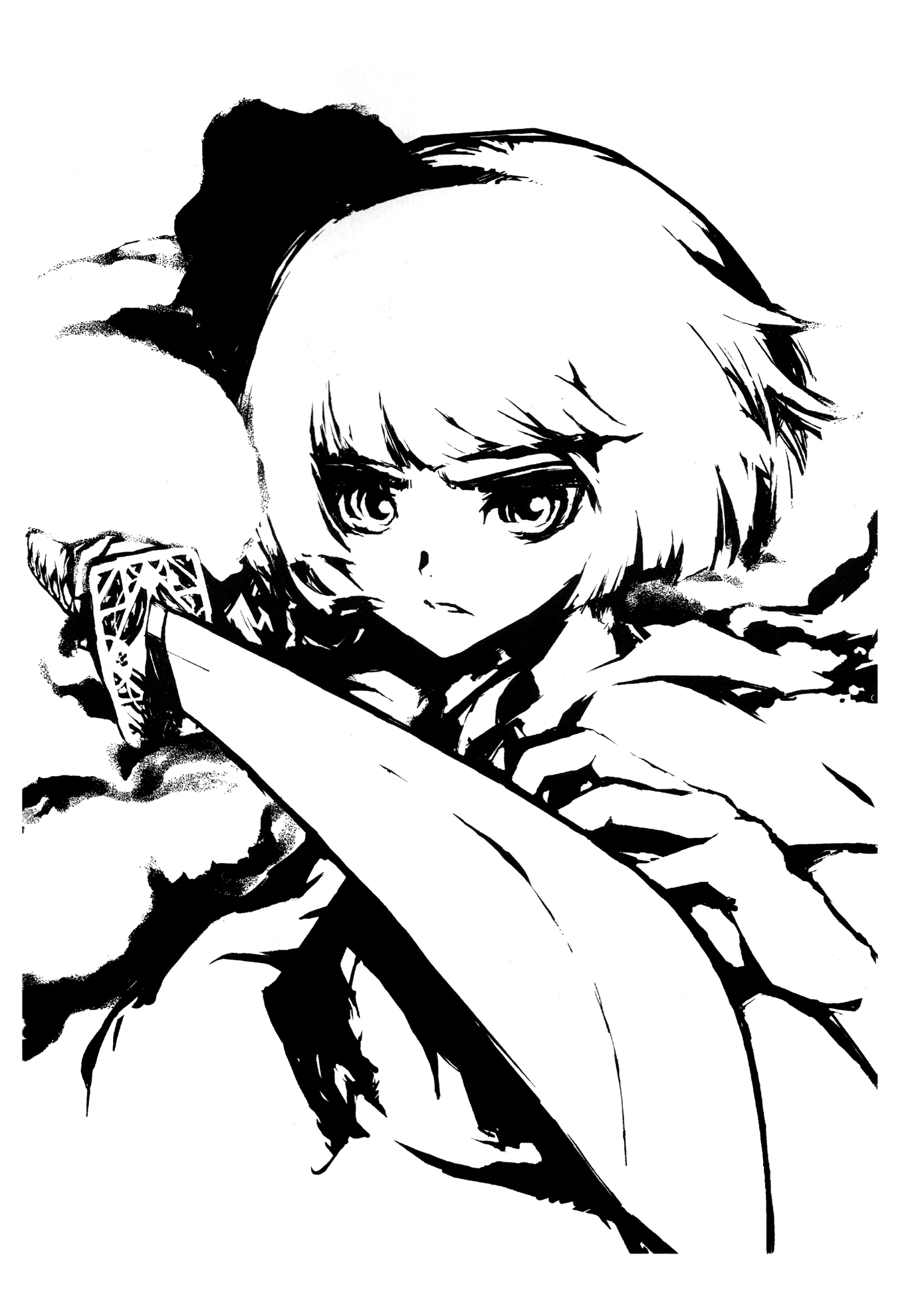 konpaku youmu, touhou, highres, 1girl, female focus, greyscale, hair ribbon, katana, monochrome, ribbon, solo, sword, upper body, weapon, white background