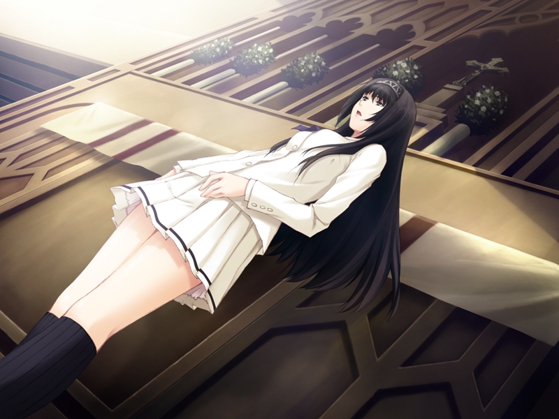 sugina miki, tsukishima orihime, innocent grey, kara no shoujo, game cg, 1girl, black hair, bow, dutch angle, female focus, frills, hairband, long hair, pleated skirt, ribbon, school uniform, skirt, socks, solo