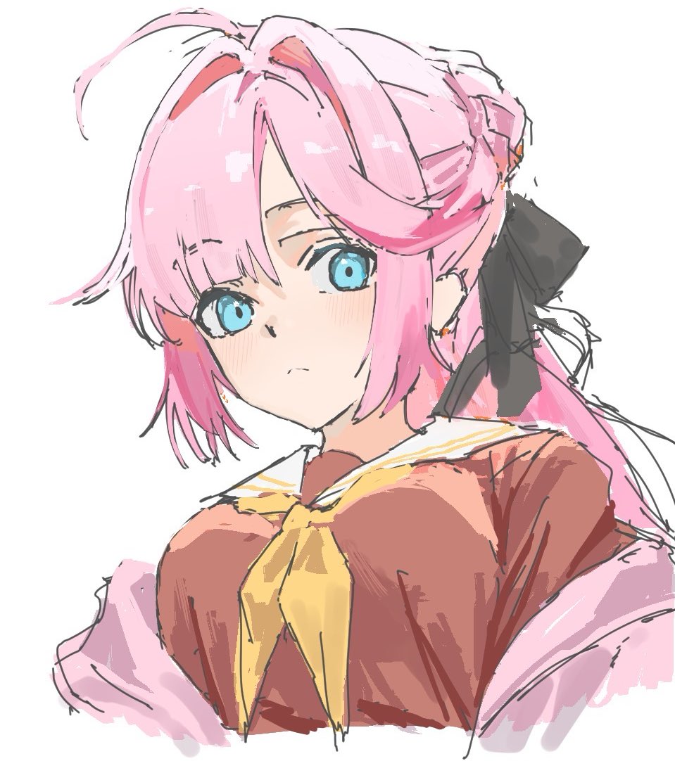 zen66574227, anyoji hime, link! like! love live!, love live!, commentary, 1girl, ahoge, black ribbon, blue eyes, blush, breasts, brown dress, closed mouth, dress, frown, hair intakes, hair ribbon, hasu no sora school uniform, jacket, long sleeves, looking at viewer, medium breasts, multi-tied hair, neckerchief, off shoulder, pink hair, pink jacket, ponytail, ribbon, sailor collar, sailor dress, school uniform, simple background, solo, virtual youtuber, white background, white sailor collar, winter uniform, yellow neckerchief