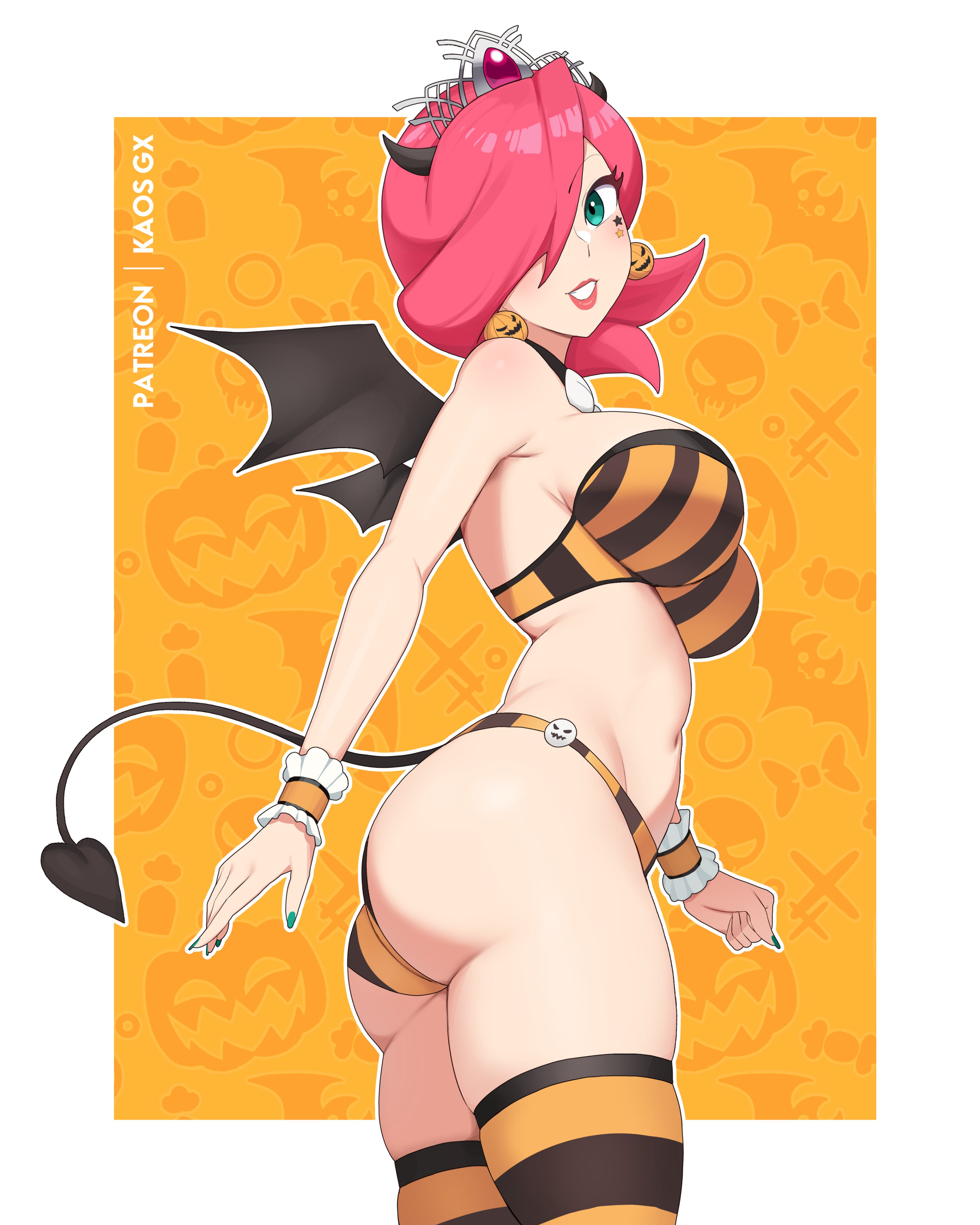 kaos art, white mage (final fantasy), final fantasy, mario (series), mario basketball 3on3, nintendo, absurdres, commentary, english commentary, highres, 1girl, alternate breast size (larger), alternate costume, artist name, ass, bra, breasts, demon horns, demon tail, earrings, facial mark, fake horns, fake tail, fake wings, green eyes, hair over one eye, horns, jack-o'-lantern, jack-o'-lantern earrings, jewelry, large breasts, looking at viewer, navel, outline, panties, pink hair, smile, solo, star (symbol), star facial mark, striped bra, striped clothes, striped panties, striped thighhighs, tail, thighhighs, tiara, underwear, white outline, wings