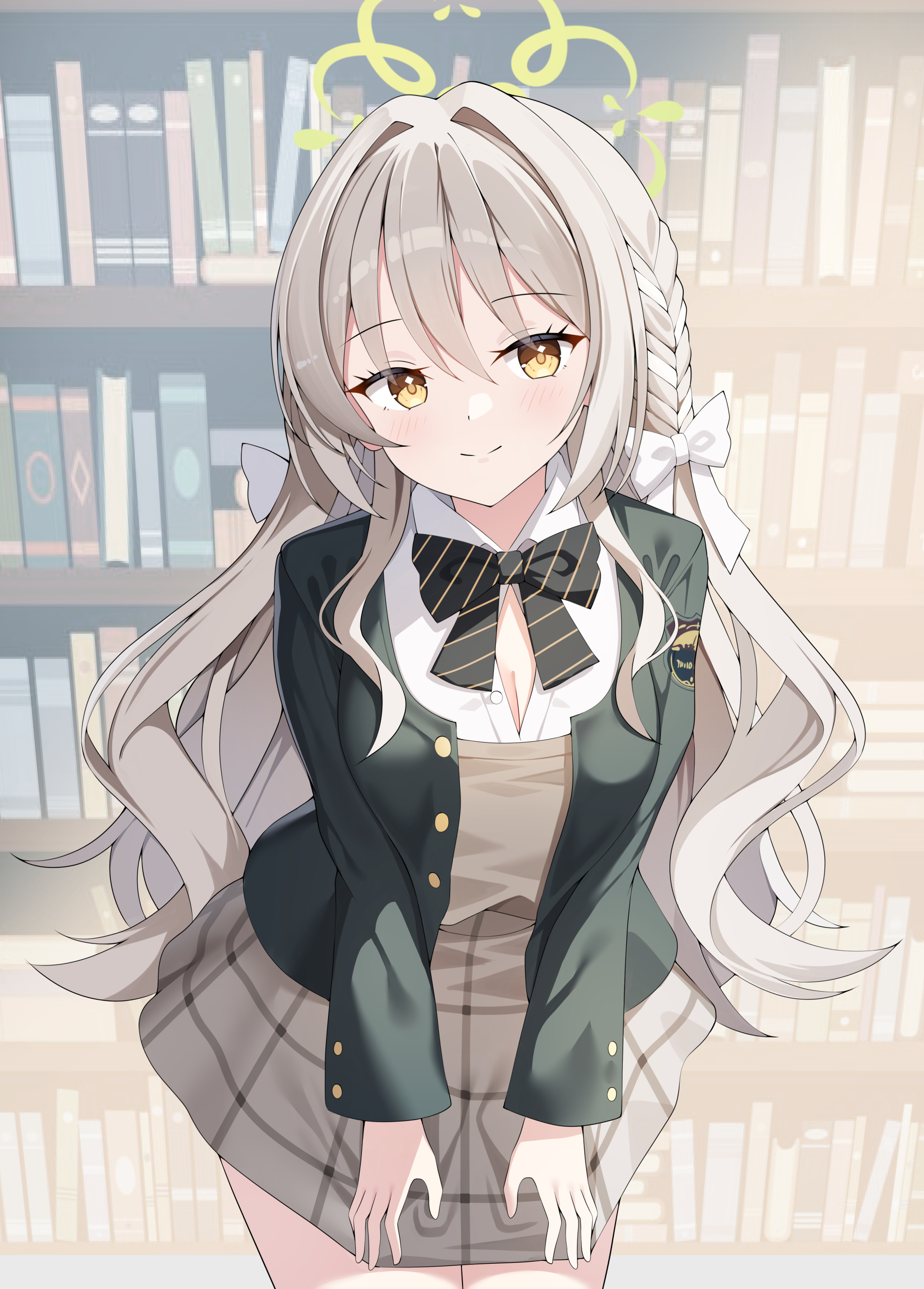 sob (submar1089), miyo (blue archive), blue archive, absurdres, commentary, highres, 1girl, black bow, black bowtie, blazer, blush, book, bookshelf, bow, bowtie, braid, breasts, center opening, choppy bangs, cleavage, closed mouth, diagonal-striped bow, diagonal-striped bowtie, diagonal-striped clothes, gold trim, green halo, grey hair, grey skirt, hair between eyes, hair bow, hair intakes, hair ribbon, halo, hands on own thighs, jacket, long hair, long sleeves, looking at viewer, medium breasts, ribbon, ribbon braid, shirt, skirt, smile, solo, standing, striped bow, striped bowtie, striped clothes, thighs, unbuttoned, very long hair, wavy hair, white bow, white shirt, wild hunt academy of arts logo, yellow eyes