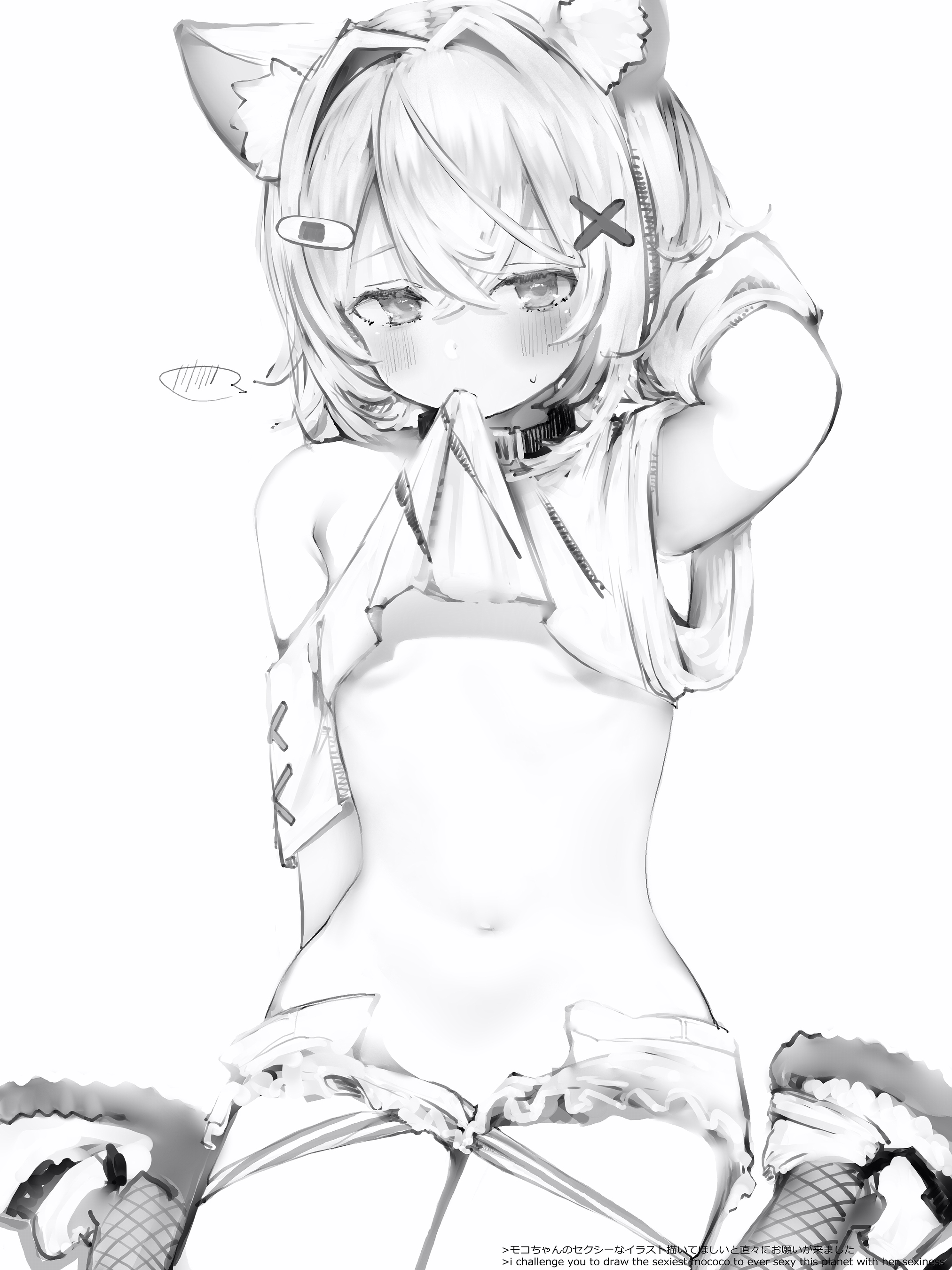 nanashi (nlo), mococo abyssgard, hololive, hololive english, armpits, blush, breasts, clothes in mouth, clothes lift, midriff, mouth hold, navel, on floor, shirt in mouth, shirt lift, shorts, small breasts, underboob