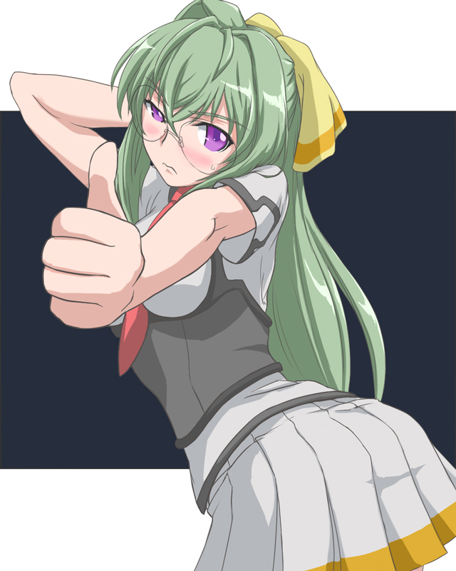 kurai (cry), kannagi itsuki, kuga natsuki, shimoyama mutsumi, my-hime, sora wo kakeru shoujo, blush, embarrassed, glasses, green hair, hair intakes, hair ornament, hair ribbon, long hair, miniskirt, parody, pleated skirt, purple eyes, ribbon, school uniform, skirt, solo, thumbs up
