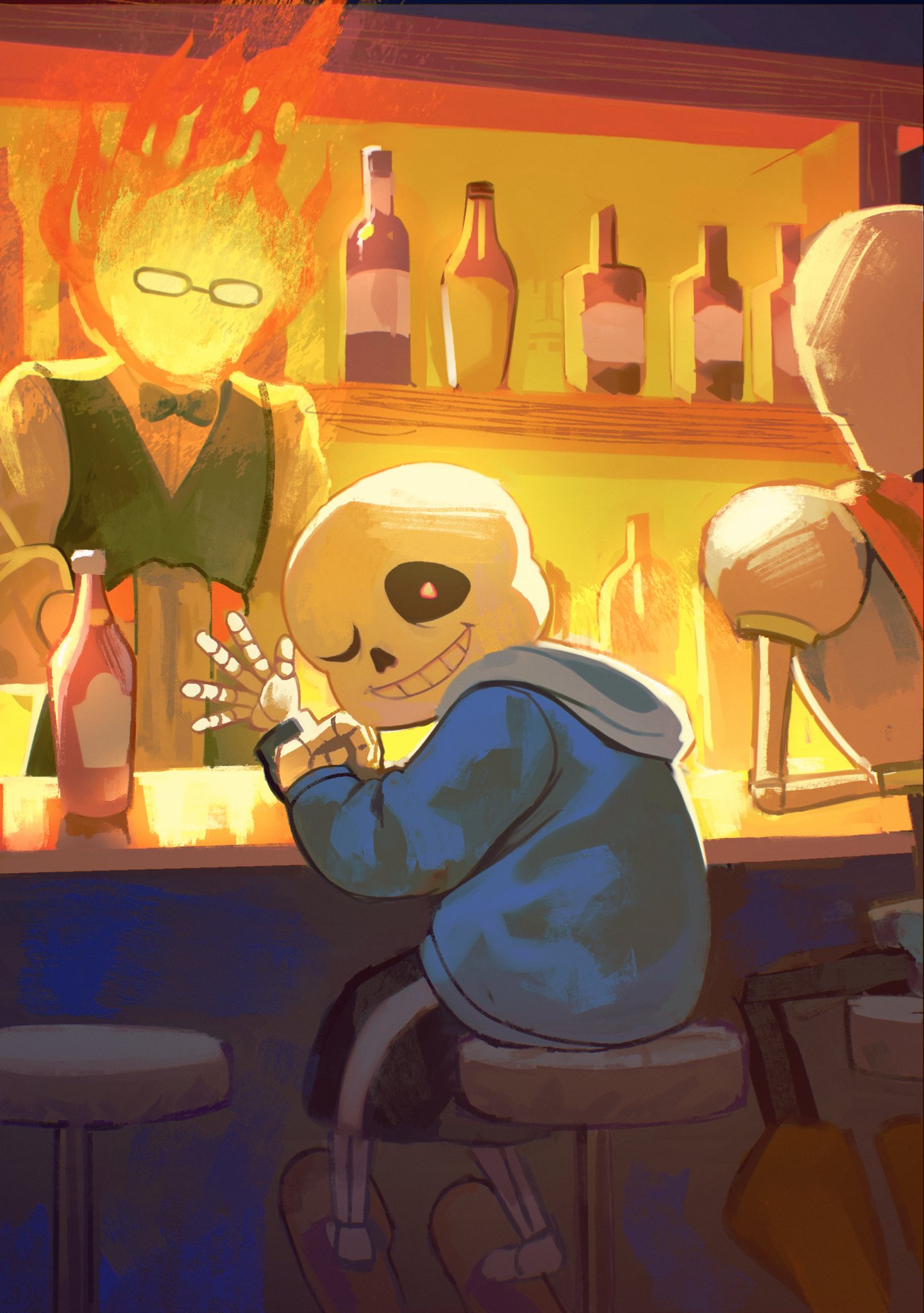 grillby, papyrus (undertale), sans (undertale), undertale, utdr (toby fox), highres, 3boys, bar (place), black-framed eyewear, black bow, black bowtie, black shorts, black vest, blue jacket, bottle, bow, bowtie, elbow on table, fire, glasses, holding, hood, hoodie, jacket, looking at viewer, male focus, multiple boys, one eye closed, shirt, shorts, sitting, skeleton, slippers, smile, teeth, valve core, vest, white shirt