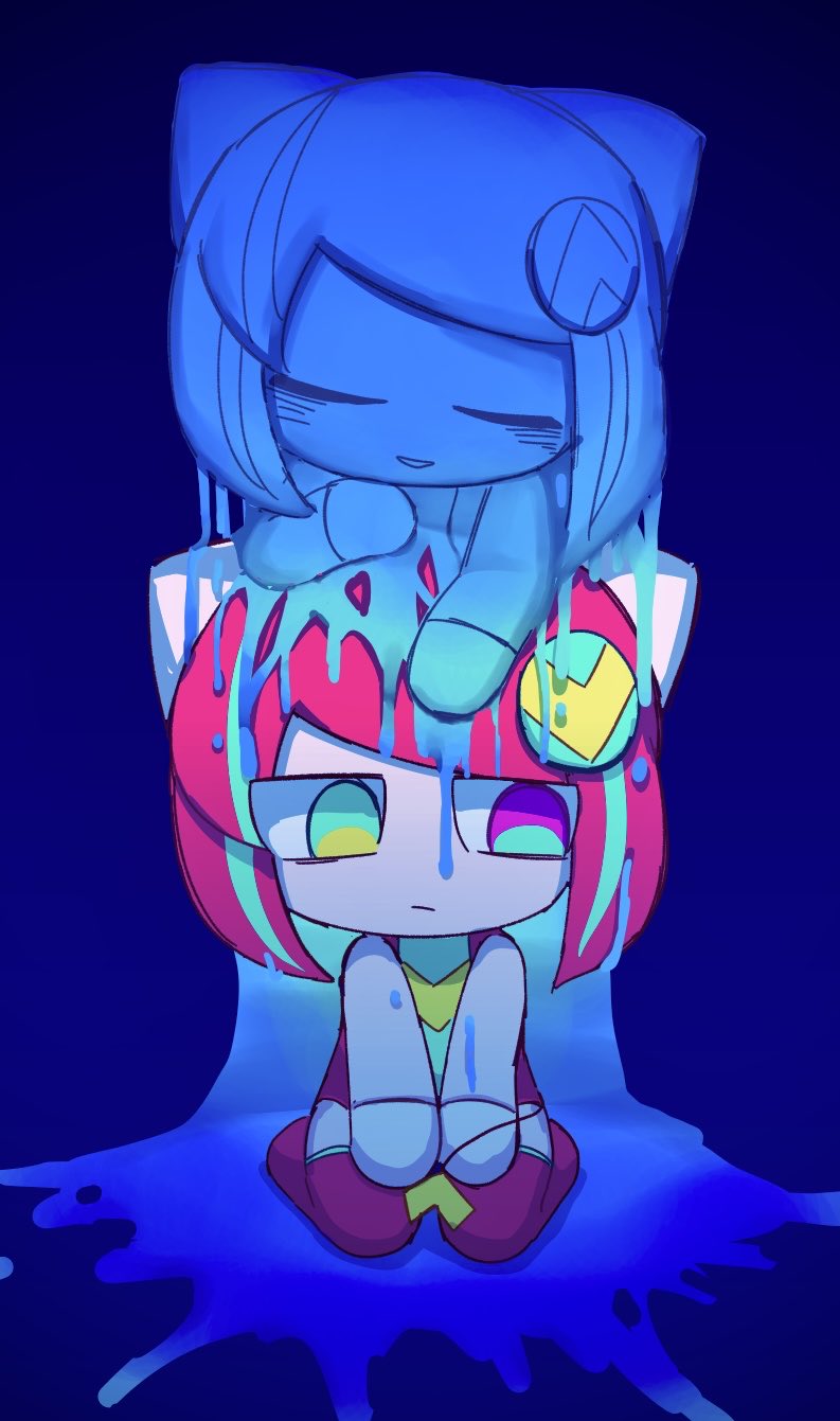agpgwm, poyoroid, utau, commentary, highres, symbol-only commentary, 2girls, aqua eyes, aqua hair, blue theme, boots, chibi, closed eyes, closed mouth, colored skin, dark, dual persona, frown, gloves, heart, heart tail, heterochromia, kneeling, leotard, looking to the side, multicolored eyes, multicolored hair, multiple girls, no eyebrows, pink boots, pink eyes, pink hair, pink leotard, pink skin, short hair, streaked hair, swept bangs, tail, thigh boots, two-tone eyes, white gloves, yellow eyes