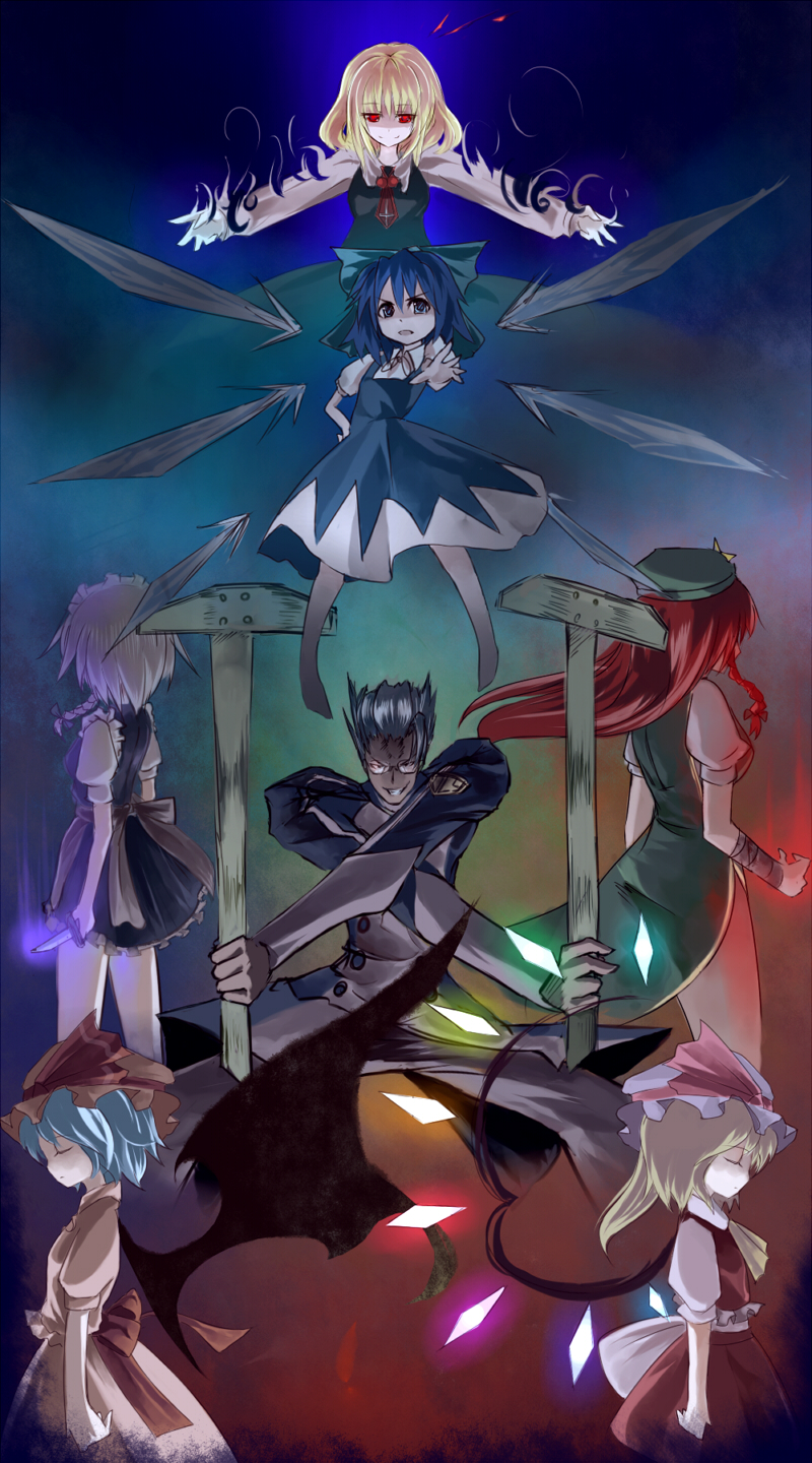 suisai (suisao), cirno, ex-rumia, flandre scarlet, hong meiling, izayoi sakuya, remilia scarlet, rumia, embodiment of scarlet devil, scryed, touhou, highres, 00s, 6+girls, black hair, blonde hair, blue eyes, blue hair, china dress, chinese clothes, cosplay, dress, female focus, glasses, hair ribbon, hat, knife, long hair, miniskirt, multiple girls, necktie, odd one out, red eyes, red hair, ribbon, scryed (cosplay), shirt, short hair, skirt, throwing knife, weapon, white hair