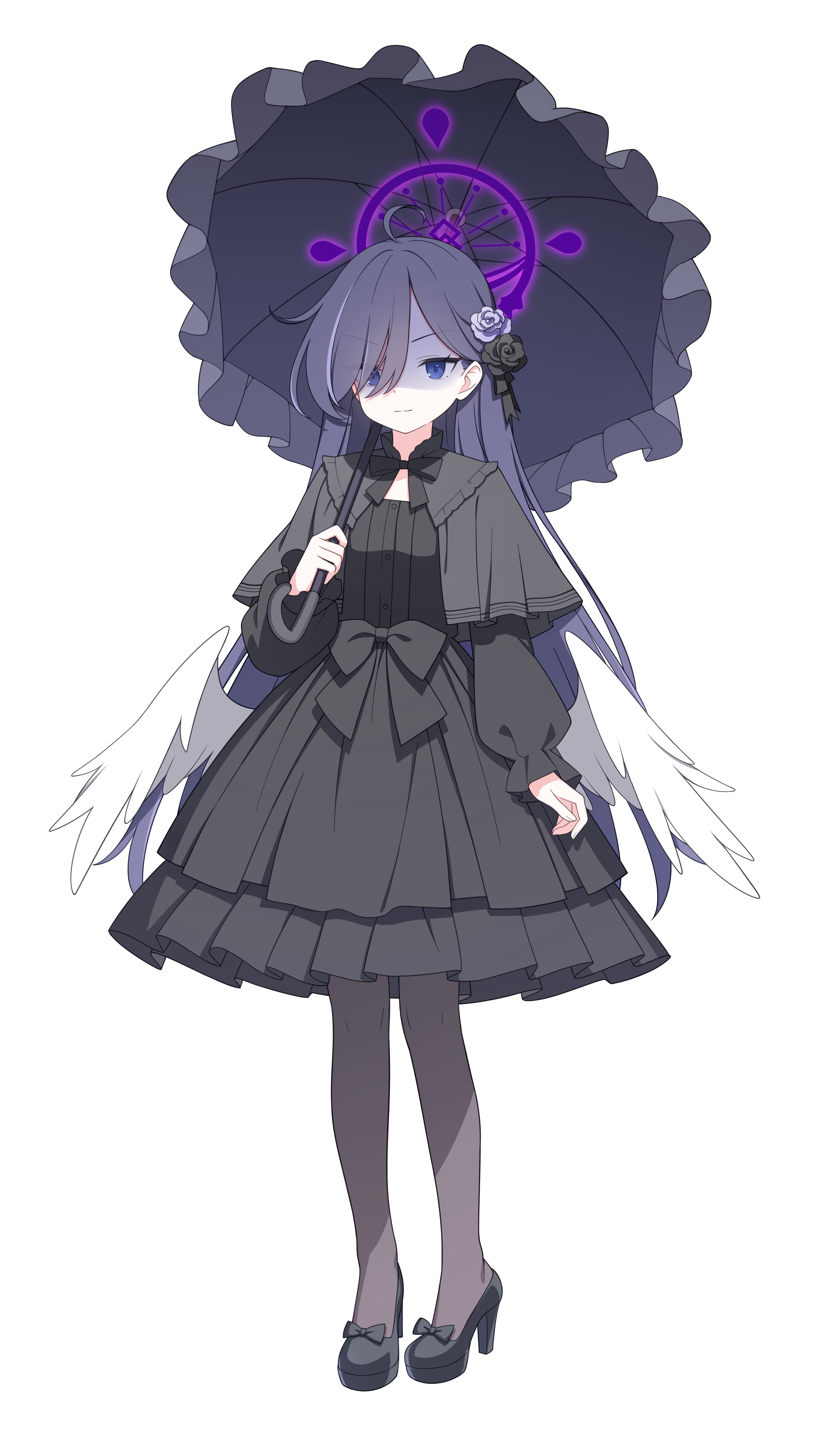 jyt, blue archive, original, absurdres, highres, large variant set, variant set, >:), 1girl, ahoge, arm at side, black bow, black bowtie, black capelet, black dress, black flower, black shoes, blue eyes, bow, bowtie, capelet, closed mouth, dress, eyes visible through hair, feathered wings, flower, footwear bow, frilled dress, frilled umbrella, frills, full body, gothic lolita, grey pantyhose, hair flower, hair ornament, hair over one eye, halo, high heels, holding, holding umbrella, lolita fashion, long hair, long sleeves, looking at viewer, low wings, pantyhose, puffy long sleeves, puffy sleeves, purple flower, purple hair, purple halo, purple umbrella, shaded face, shoes, simple background, solo, split mouth, standing, straight hair, tachi-e, transparent background, umbrella, v-shaped eyebrows, white wings, wings