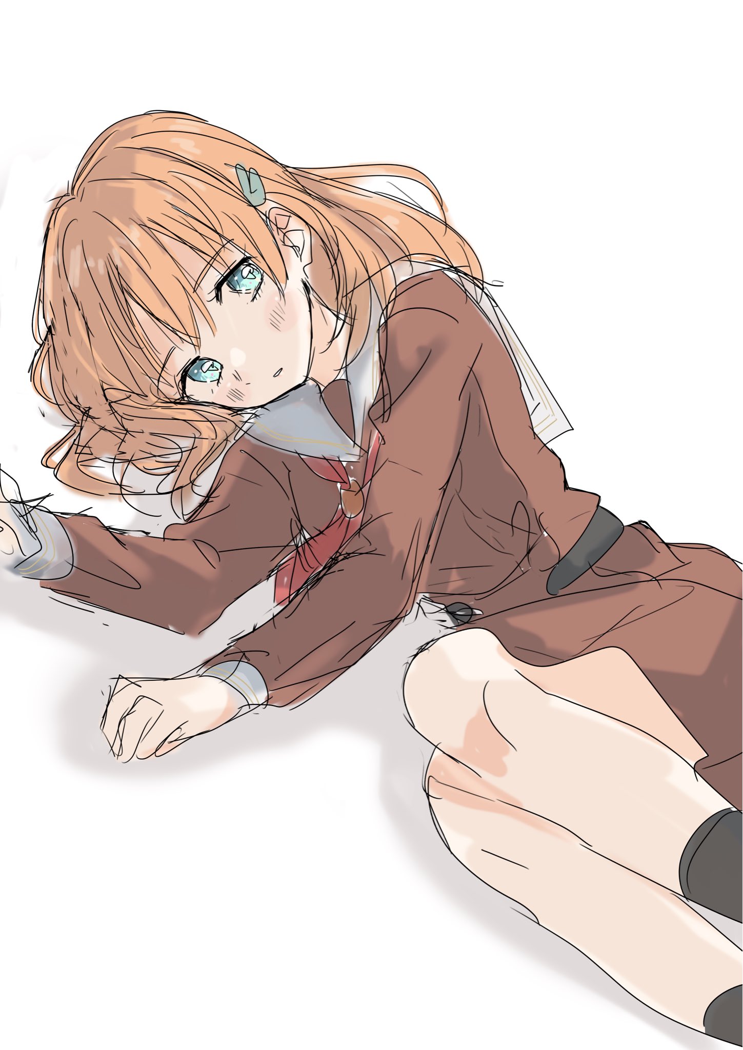 natsu (natsukikenken), hinoshita kaho, link! like! love live!, love live!, commentary, highres, 1girl, aqua eyes, black socks, blush, brown dress, dress, feet out of frame, hair ornament, hasu no sora school uniform, long sleeves, looking at viewer, lying, medium dress, medium hair, on side, orange hair, rabbit hair ornament, sailor collar, sailor dress, school uniform, simple background, sketch, socks, solo, white background, white sailor collar, winter uniform