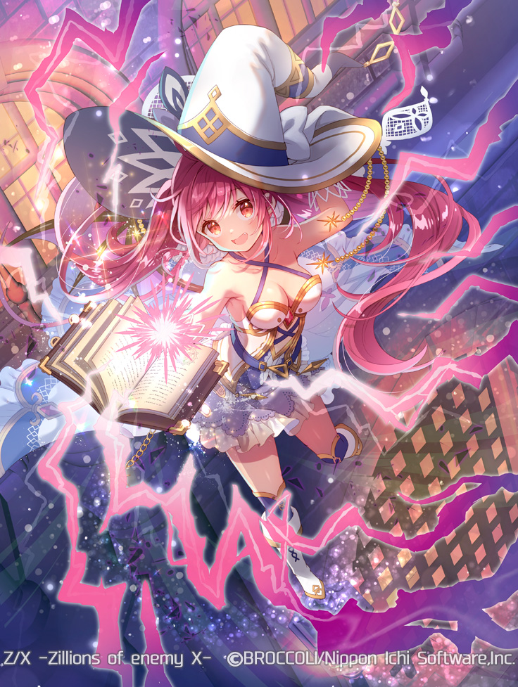serino itsuki, z/x, official art, 1girl, armpits, book, boots, breasts, cleavage, copyright notice, dress, electricity, fang, from above, gold trim, hat, holding, holding book, long hair, looking at viewer, medium breasts, nei (z/x), open book, open mouth, red eyes, red hair, solo, sparkle, twintails, white boots, white dress, white hat, witch hat