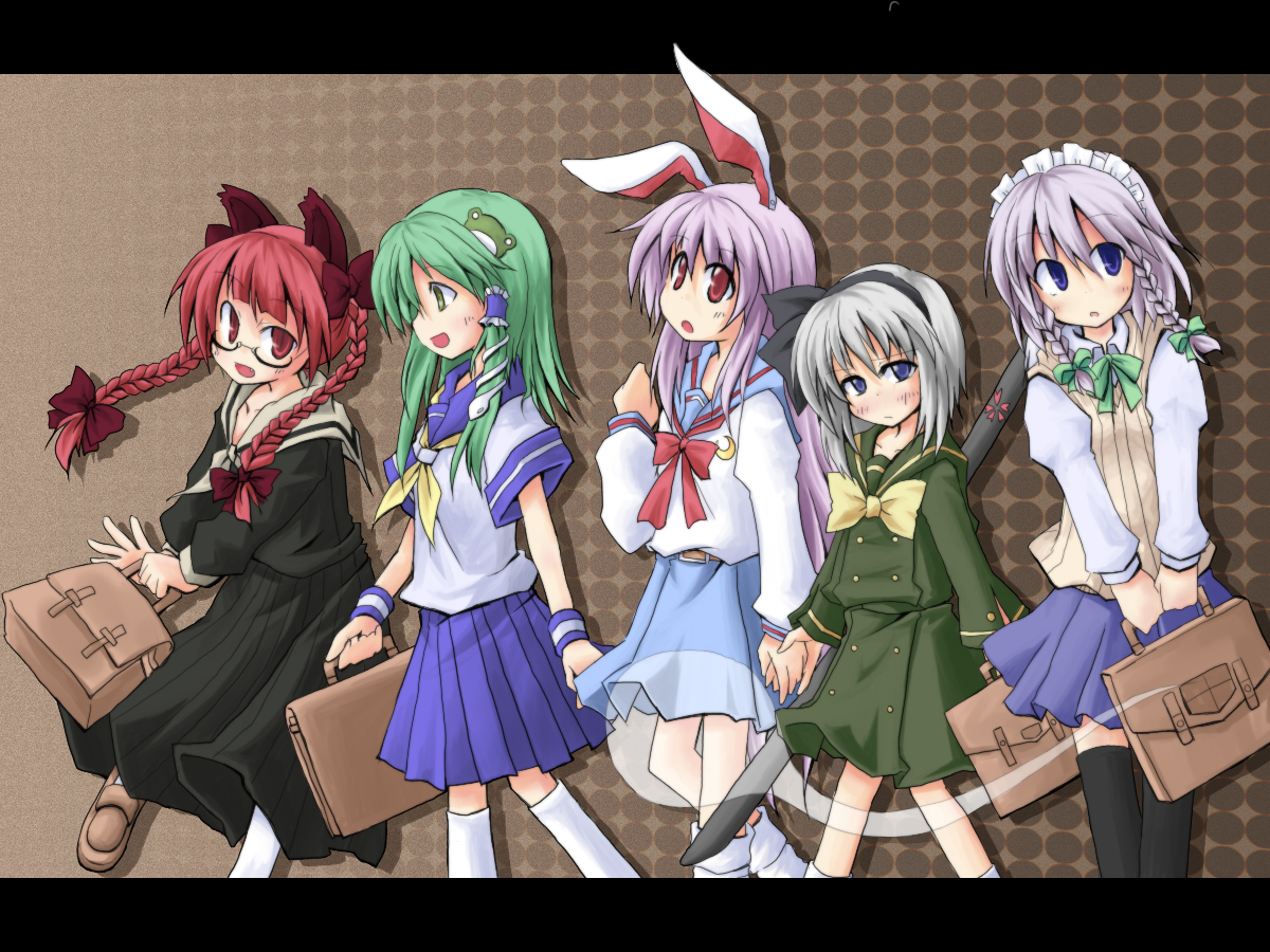 aruha, yuuhi alpha, izayoi sakuya, kaenbyou rin, kochiya sanae, konpaku youmu, konpaku youmu (ghost), reisen udongein inaba, higurashi no naku koro ni, maria-sama ga miteru, neon genesis evangelion, shakugan no shana, suzumiya haruhi no yuuutsu, touhou, silver hair, 5girls, alternate costume, animal ears, bag, bespectacled, blue eyes, blunt bangs, braid, cat ears, crossover, glasses, green hair, hairband, holding hands, katana, letterboxed, long skirt, multiple girls, parody, purple hair, rabbit ears, red eyes, red hair, ribbon, school bag, school uniform, serafuku, short hair, skirt, sweater vest, sword, thighhighs, twin braids, vest, weapon, zettai ryouiki
