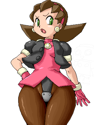 isu, servbot (mega man), tron bonne (mega man), capcom, mega man (series), mega man legends (series), lowres, 1girl, brown hair, crotch plate, earrings, gloves, green eyes, hair slicked back, hand on own hip, hip focus, jewelry, oekaki, pantyhose, when you see it, wide hips