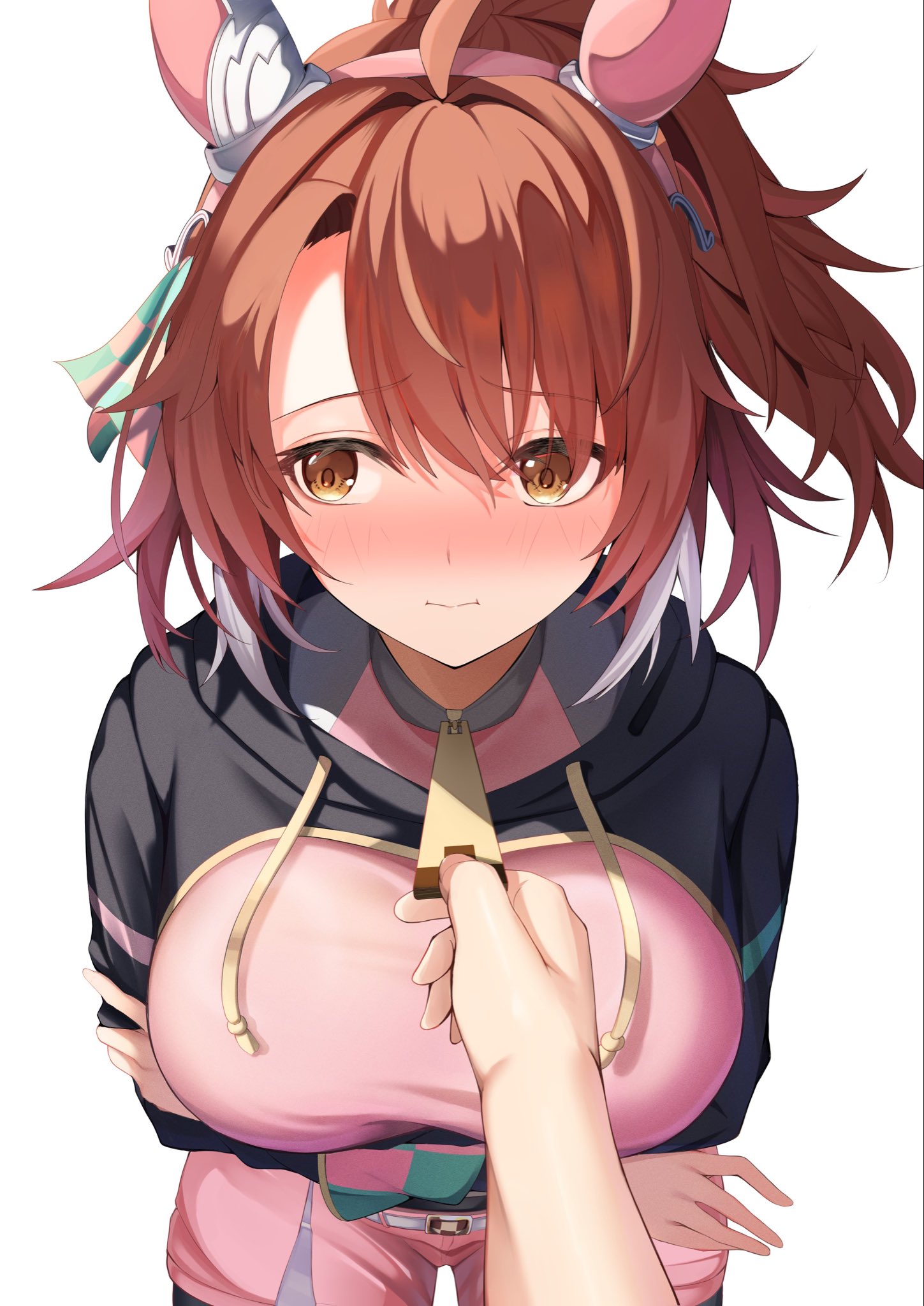 a o 1016, dantsu flame (umamusume), umamusume, commentary request, highres, revision, 1girl, 1other, ahoge, animal ears, belt, black jacket, blush, bow, breasts, brown eyes, brown hair, checkered ribbon, closed mouth, colored tips, cowboy shot, crossed arms, ear covers, ear ornament, ear ribbon, hair between eyes, hair ornament, hairband, hand up, horse ears, horse girl, horse tail, jacket, large breasts, looking at viewer, medium hair, multicolored hair, pantyhose, pantyhose under shorts, pink hairband, pink shirt, pink shorts, pov, pov hands, shirt, shorts, sidelocks, simple background, smile, solo focus, standing, tail, tied shirt, two-tone hair, two side up, white background, white belt, white hair