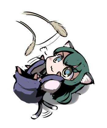 gatau, kochiya sanae, touhou, lowres, non-web source, 1girl, :3, animal ears, blue eyes, cat ears, cat girl, cat tail, cat teaser, chibi, female focus, green hair, kemonomimi mode, simple background, solo, tail, tail wagging
