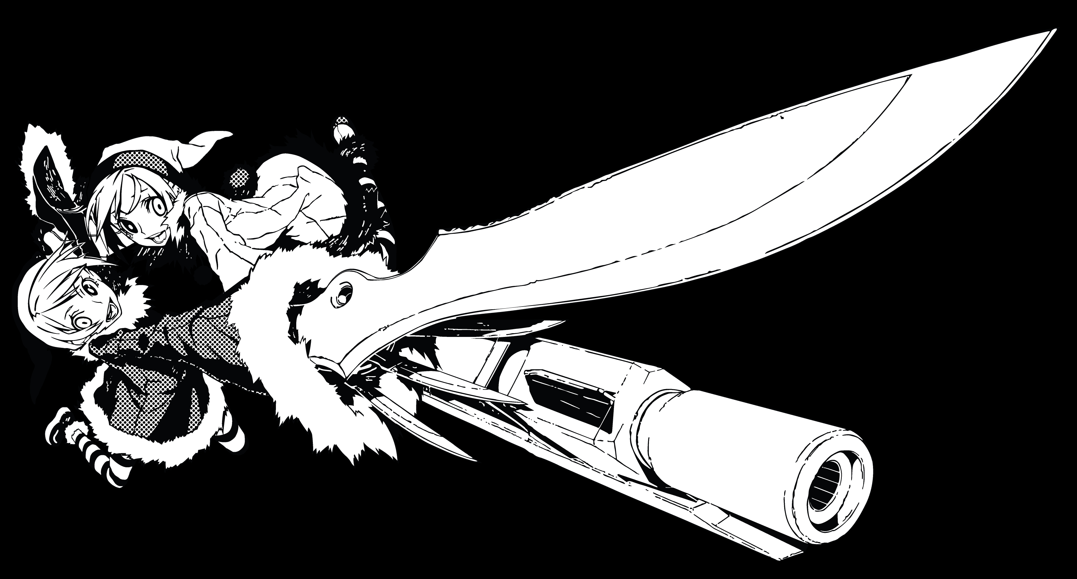 miwa shirow, luki, noki, dogs: bullets & carnage, striped legwear, absurdres, highres, greyscale, gun, hat, heterochromia, knife, long sleeves, monochrome, pantyhose, short hair, simple background, striped clothes, striped pantyhose, thighhighs, weapon