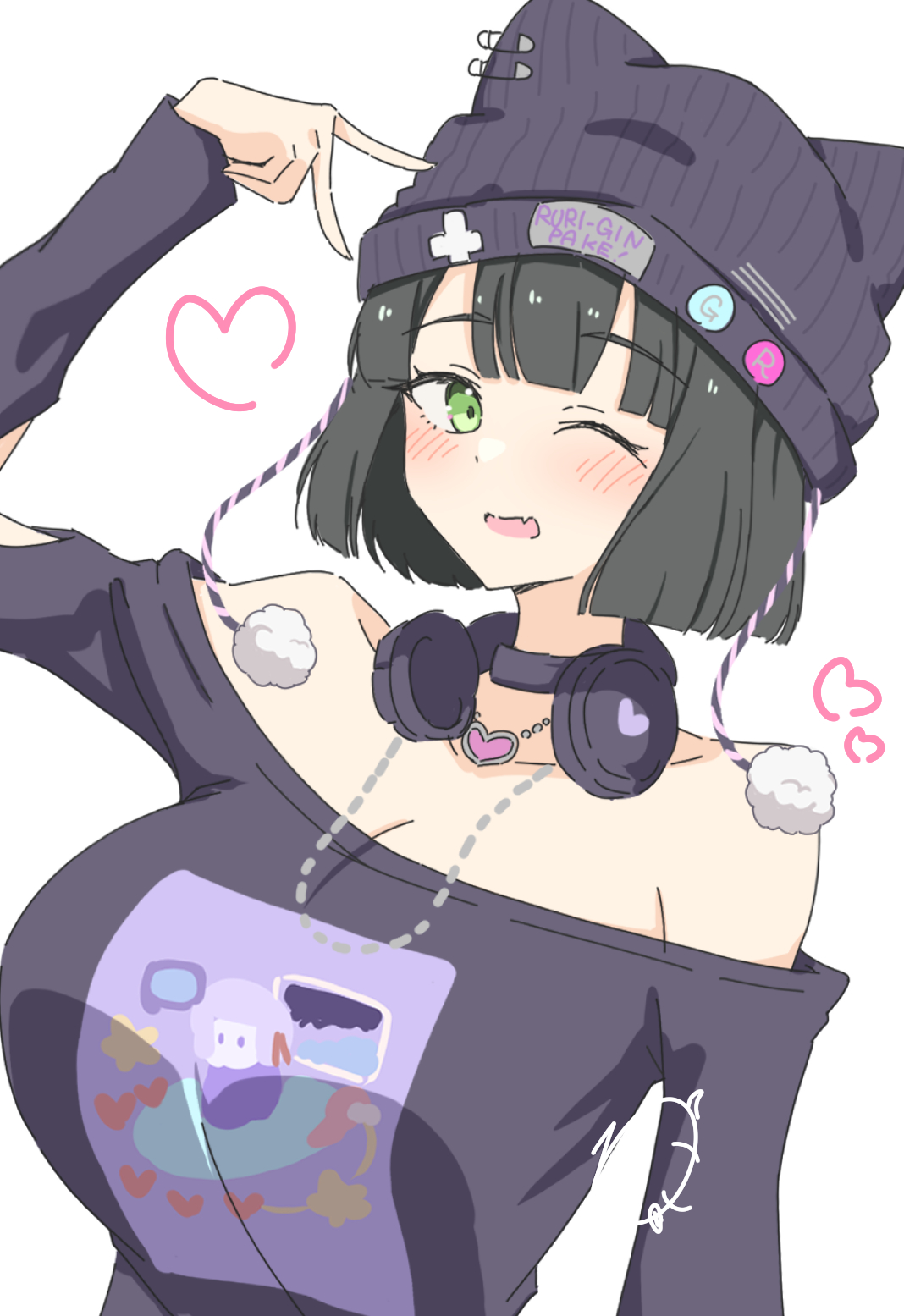 rokoroko 65, anyoji hime, momose ginko, link! like! love live!, love live!, commentary, highres, 1girl, ;d, alternate breast size (larger), animal hat, anyoji hime (cosplay), bare shoulders, beanie, black choker, black hair, black hat, black shirt, blunt bangs, blunt ends, blush, bob cut, breasts, cat hat, choker, cleavage, cosplay, fang, green eyes, hat, headphones, headphones around neck, heart, heart necklace, huge breasts, jewelry, looking at viewer, necklace, nyao signyal, off-shoulder shirt, off shoulder, one eye closed, open mouth, shirt, short hair, skin fang, smile, solo, upper body, v, v over head, virtual youtuber