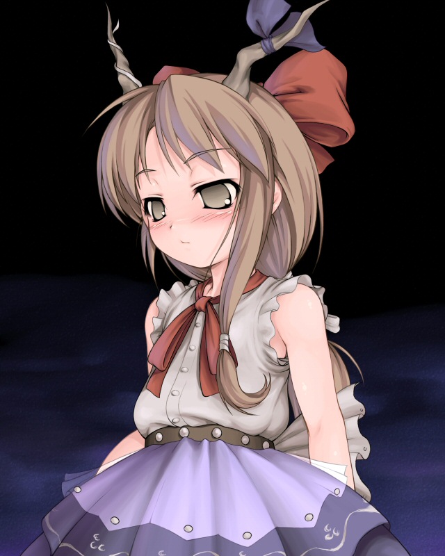 chabo (fuketsudan), ibuki suika, touhou, 1girl, black background, blush, brown eyes, brown hair, chain, empty eyes, female focus, flat chest, gradient background, horns, oni, solo, standing