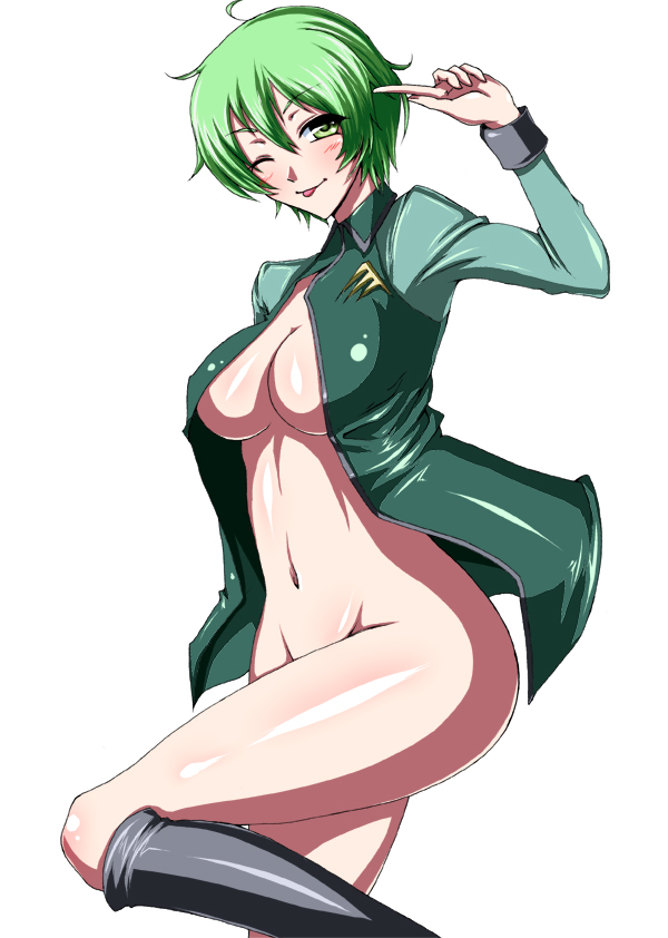 iwamoto eiri, hilling care, gundam, gundam 00, bad id, bad pixiv id, 00s, 1girl, :p, ahoge, bottomless, breasts, female focus, green eyes, green hair, innovators (gundam 00), matching hair/eyes, medium breasts, navel, one eye closed, open clothes, open shirt, shirt, short hair, simple background, solo, tongue, tongue out, wink