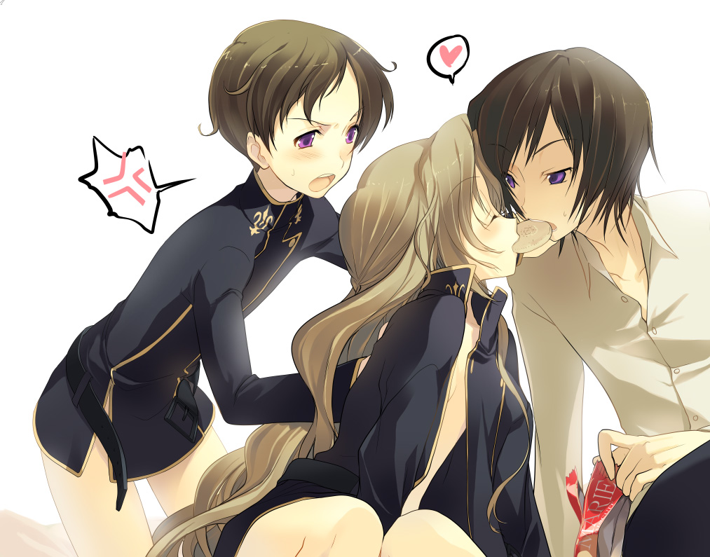 kaimuari, lelouch vi britannia, nunnally vi britannia, rolo lamperouge, code geass, 00s, 1girl, 2boys, angry, bottomless, brother and sister, cake, closed eyes, feeding, food, heart, incest, jealous, multiple boys, no pants, nude, open clothes, open shirt, pastry, purple eyes, shared food, shirt, siblings
