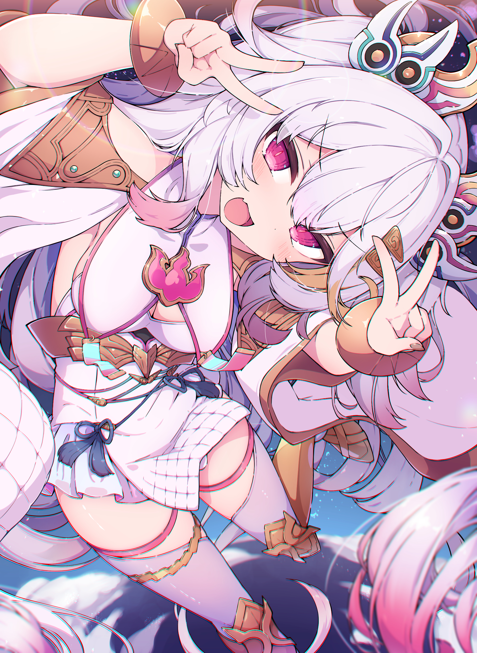 twin-7646, baki (duel masters), duel masters, absurdres, highres, 1girl, bangle, bracelet, breasts, cleavage, cleavage cutout, clothing cutout, double v, fang, gradient clothes, hair ornament, horns, japanese clothes, jewelry, kimono, long hair, looking at viewer, medium breasts, multicolored hair, open mouth, pink eyes, pink hair, solo, thigh strap, thighhighs, two side up, v, v over eye, white hair, white thighhighs