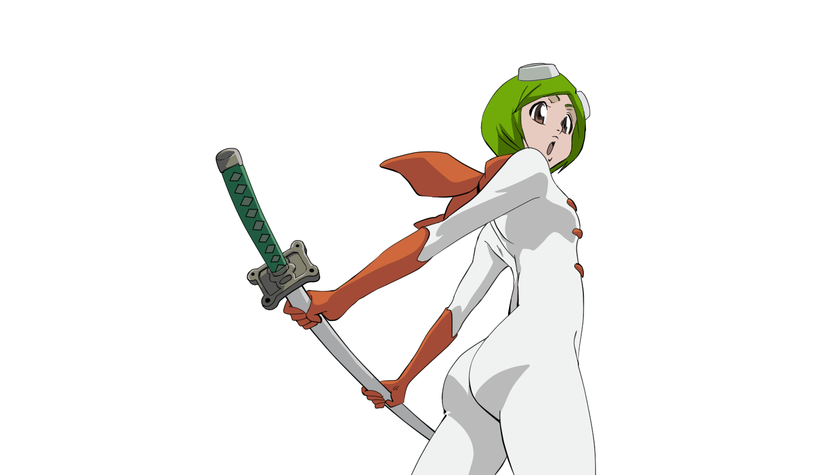 kuna mashiro, bleach, artist request, highres, 00s, 1girl, ass, bodysuit, brown eyes, female focus, gloves, goggles, goggles on head, green hair, holding, holding sword, holding weapon, katana, open mouth, orange gloves, orange scarf, scarf, short hair, skin tight, solo, sword, transparent background, weapon, white bodysuit