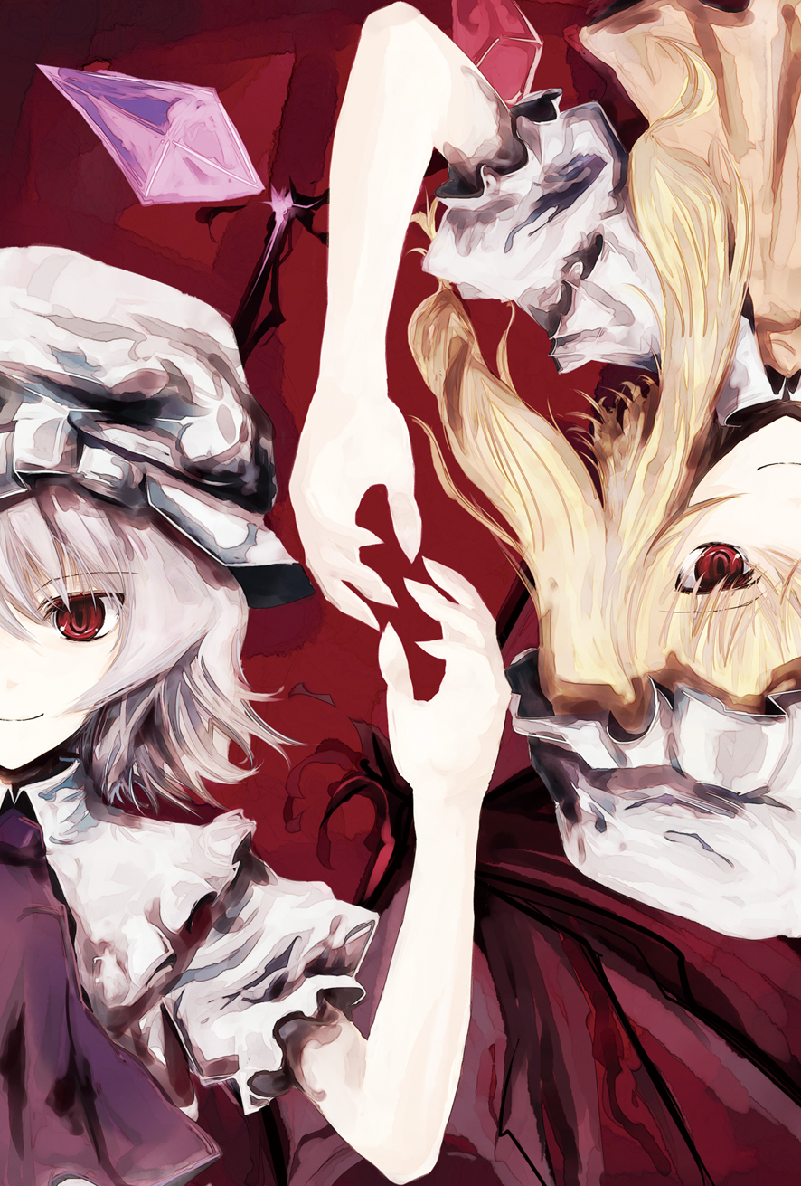 asagi (kabocha oukoku), hisago (pixiv), flandre scarlet, remilia scarlet, touhou, silver hair, bad id, bad pixiv id, highres, 2girls, blonde hair, female focus, hat, multiple girls, red eyes, siblings, sisters, wings