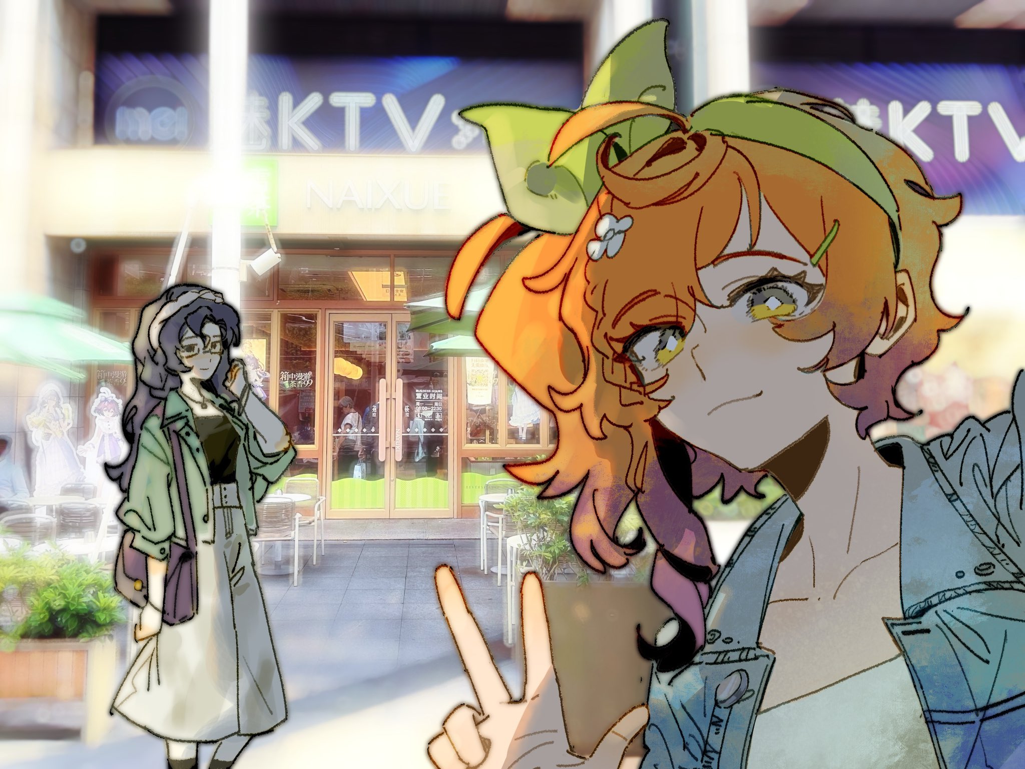 . yao yizhi fa . hao ma, flutterpage, lopera (reverse:1999), marcus (reverse:1999), moldir (reverse:1999), reverse:1999, highres, 2girls, adoptive siblings, alternate costume, bag, black hair, glasses, green hairband, hairband, handbag, multiple girls, orange hair, photo background, selfie, short hair, siblings, sisters, v