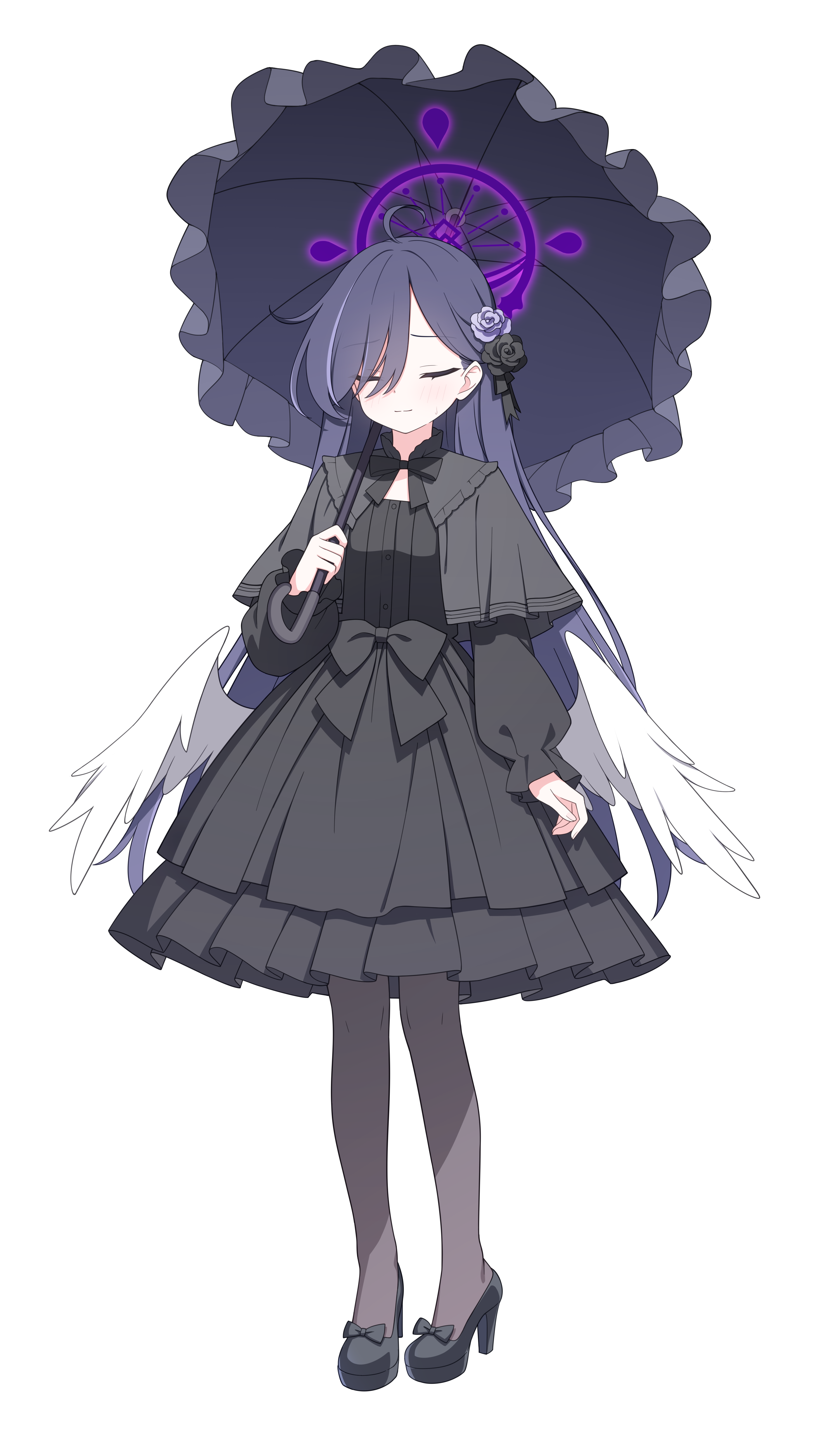 jyt, blue archive, original, absurdres, highres, large variant set, variant set, 1girl, ahoge, arm at side, black bow, black bowtie, black capelet, black dress, black flower, black shoes, blush, bow, bowtie, capelet, closed eyes, closed mouth, dress, eyes visible through hair, facing viewer, feathered wings, flower, footwear bow, frilled dress, frilled umbrella, frills, full body, gothic lolita, grey pantyhose, hair flower, hair ornament, hair over one eye, halo, high heels, holding, holding umbrella, lolita fashion, long hair, long sleeves, low wings, pantyhose, puffy long sleeves, puffy sleeves, purple flower, purple hair, purple halo, purple umbrella, shoes, simple background, smile, solo, split mouth, standing, straight hair, sweatdrop, tachi-e, transparent background, umbrella, white wings, wings