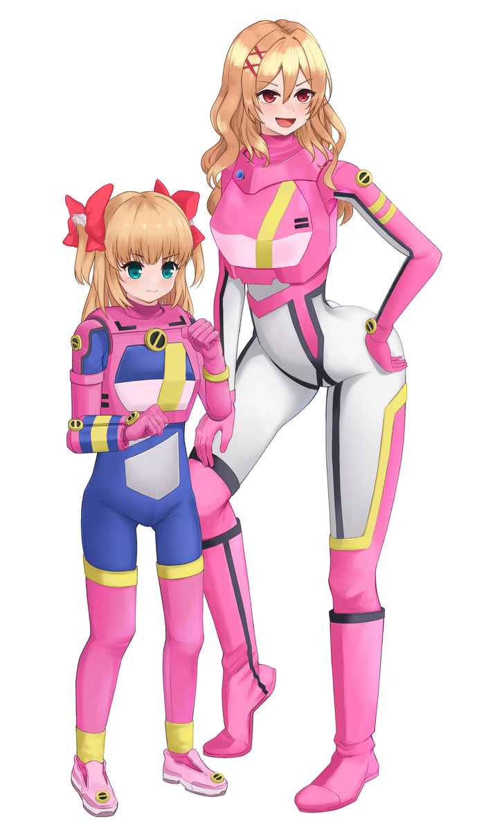ryugasaki juria, yuuki nae, girlfriend (kari), artist request, tagme, 2girls, :d, armor, blonde hair, blue eyes, bodysuit, boots, bow, brown hair, closed mouth, cosplay, frown, gloves, gym, hair bow, multiple girls, open mouth, pink armor, pink boots, pink gloves, purple bodysuit, red bow, red eyes, smile, standing, thigh boots, white bodysuit