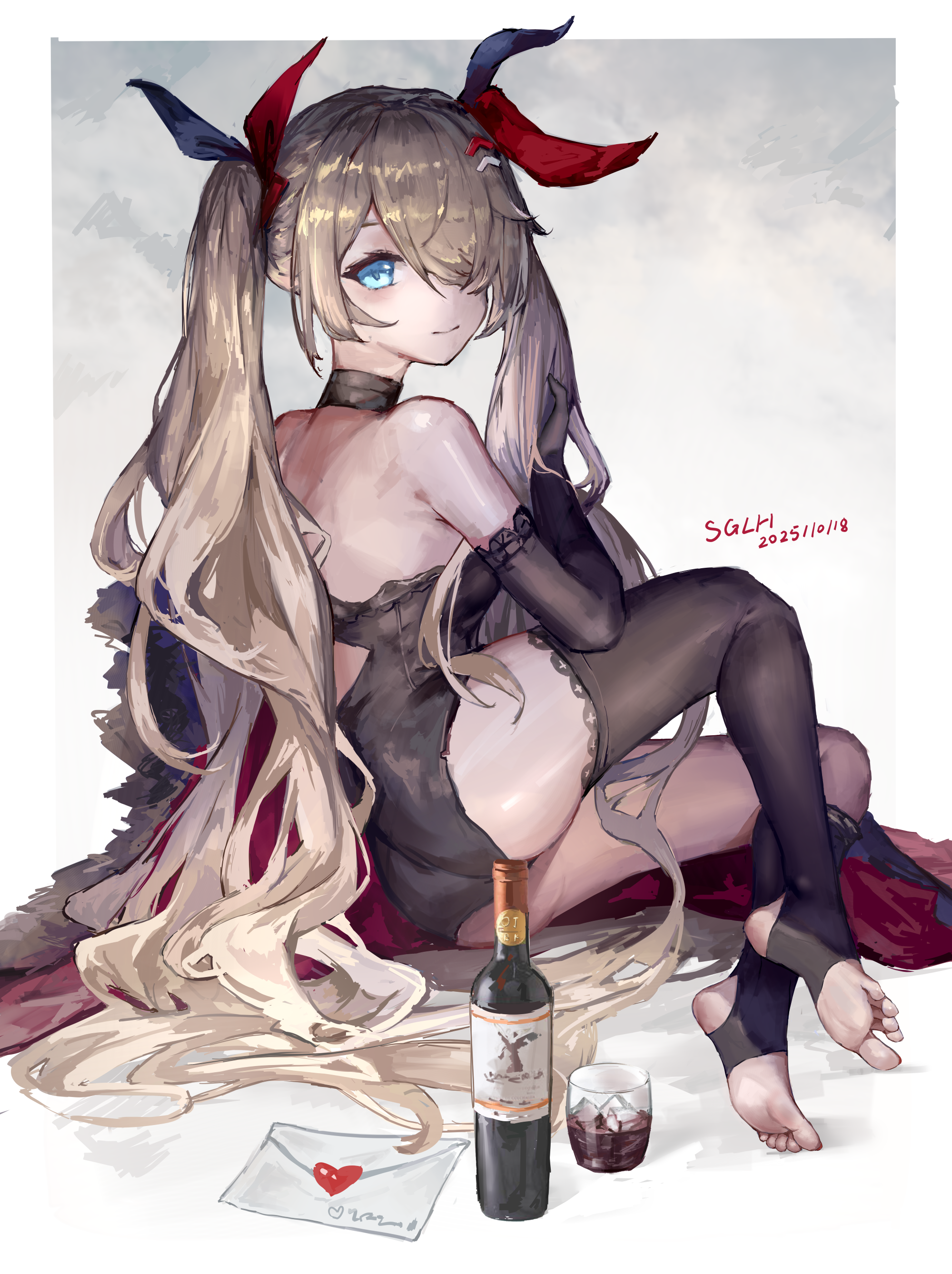 shangguan le hei, absurdres, highres, 1girl, barefoot, blonde hair, blue eyes, bottle, feet, hair over one eye, letter, long hair, looking at viewer, love letter, soles, stirrup legwear, thighhighs, toeless legwear, toes, twintails, wine bottle