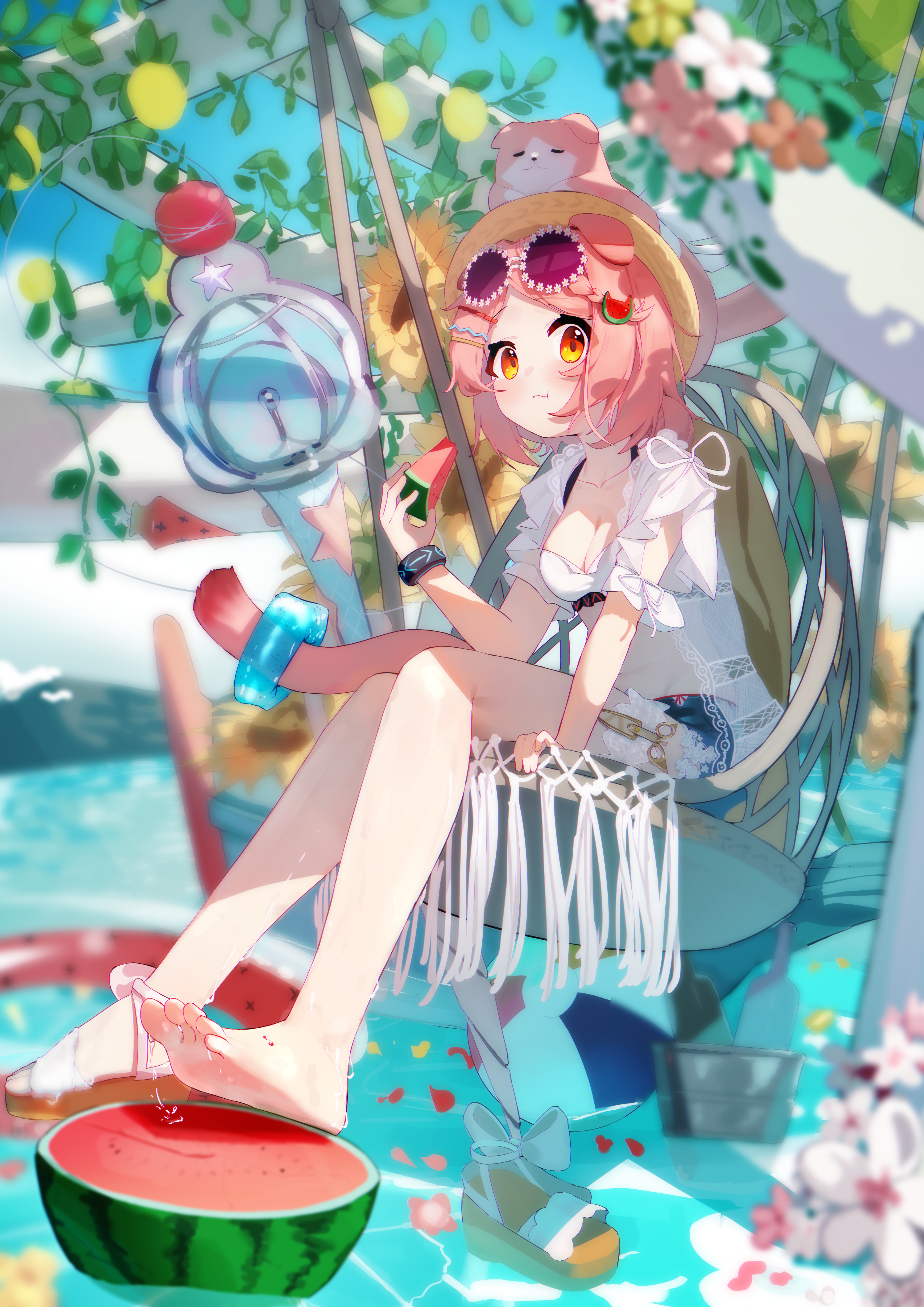 liwen520, goldenglow (arknights), arknights, absurdres, highres, 1girl, animal ears, barefoot, feet, food, fruit, looking at viewer, medium hair, pink hair, sandals, soles, tail, toes, unworn sandals, watermelon, yellow eyes