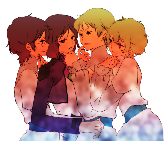 3710, hilling care, regene regetta, ribbons almark, tieria erde, gundam, gundam 00, uniform, bad id, bad pixiv id, 00s, 4boys, glasses, green hair, hug, innovators (gundam 00), male focus, multiple boys, purple eyes, purple hair, short hair