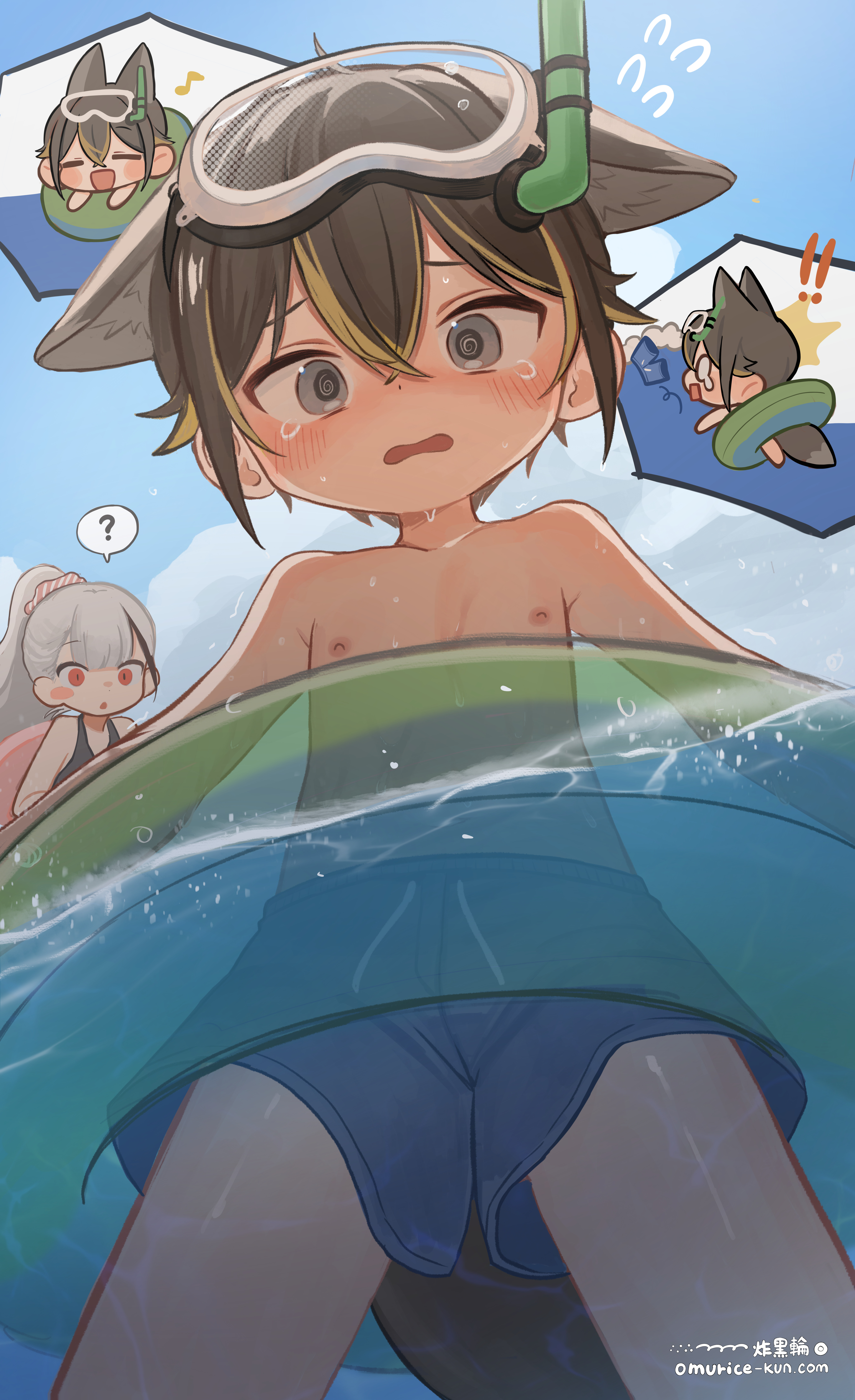 omurice (roza4957), original, absurdres, highres, 1boy, 1girl, ?, @ @, animal ears, goggles, goggles on head, innertube, male focus, male swimwear, multicolored hair, solo focus, swim ring, swim trunks