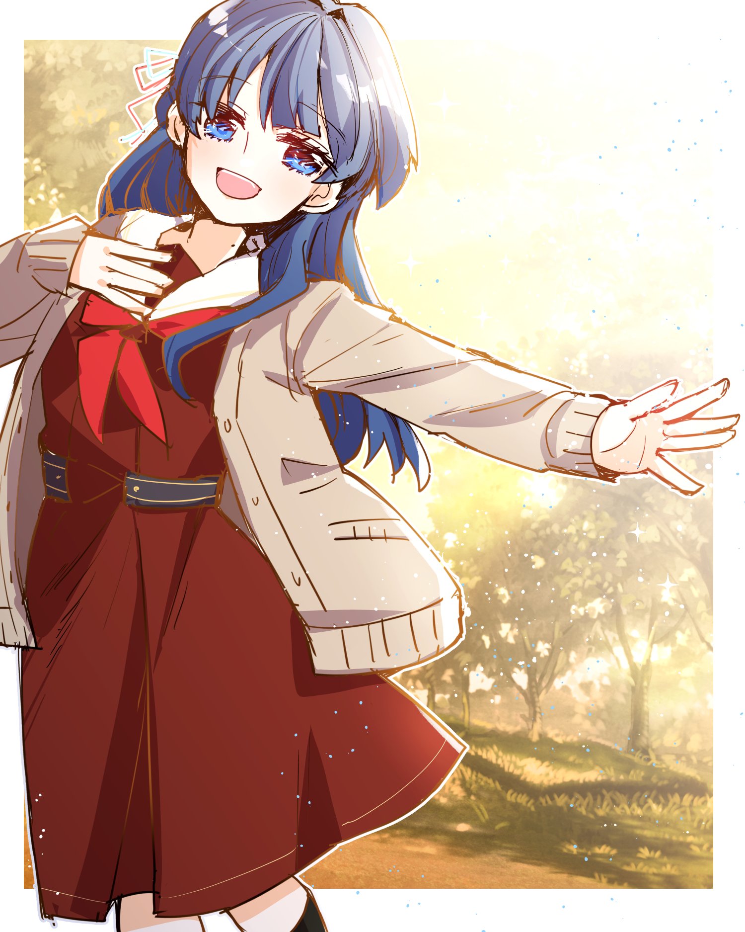 kanduki kamibukuro, murano sayaka, link! like! love live!, love live!, commentary, highres, 1girl, black socks, blue eyes, blue hair, border, brown cardigan, brown dress, cardigan, dress, feet out of frame, hair intakes, hasu no sora school uniform, light particles, long hair, long sleeves, medium dress, mole, mole on neck, neckerchief, open cardigan, open clothes, outdoors, outside border, pleated dress, red neckerchief, sailor collar, sailor dress, school uniform, socks, solo, virtual youtuber, white border, white sailor collar, winter uniform