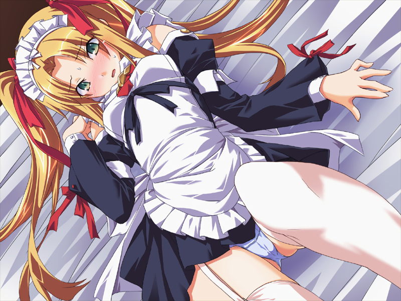 natsumi (nakadashi haramaid), nakadashi haramaid, game cg, 1girl, blonde hair, blush, cameltoe, female focus, flat chest, garter belt, green eyes, hair ribbon, long hair, lying, maid, maid headdress, panties, ribbon, solo, thighhighs, twintails, underwear, white thighhighs