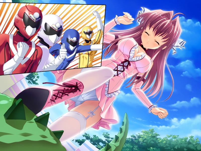 mitha, tsukimura miki, clear (visual novel), tokusatsu, game cg, 1girl, bodysuit, breasts, gaijin 4koma (meme), garter belt, large breasts, meme, panties, ribbon, thighhighs, underwear, upskirt, white panties, white thighhighs