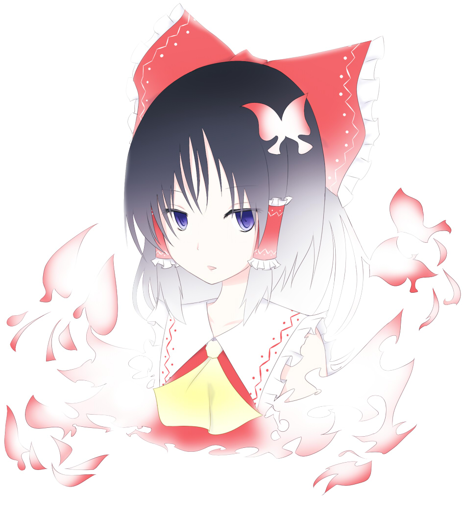kazeharu, hakurei reimu, touhou, bad id, bad pixiv id, 1girl, black hair, bow, female focus, purple eyes, ribbon, solo, upper body, white background