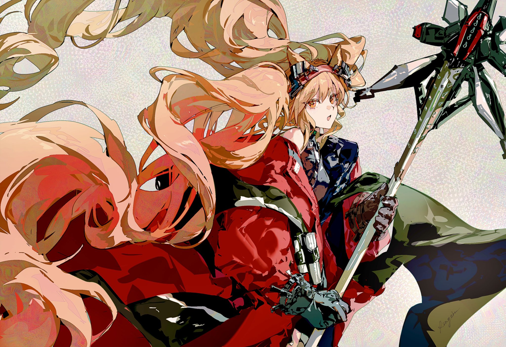 ringein, angelina (arknights), angelina (distinguished visitor) (arknights), arknights, commentary, highres, symbol-only commentary, 1girl, :o, absurdly long hair, animal ears, bare shoulders, black gloves, black shirt, coat, cowboy shot, floating hair, fox ears, fox girl, from side, gloves, hairband, holding, holding staff, long hair, long sleeves, looking at viewer, off shoulder, official alternate costume, open clothes, open coat, open mouth, orange eyes, orange hair, red coat, red hairband, shirt, sidelocks, sideways glance, signature, simple background, sleeveless, sleeveless shirt, solo, staff, twintails, very long hair