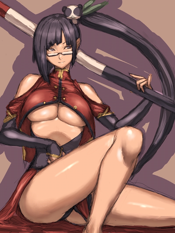 fumio (rsqkr), lao jiu, litchi faye ling, arc system works, blazblue, blazblue: calamity trigger, 1girl, bare shoulders, black hair, breasts, female focus, glasses, long hair, panties, polearm, side ponytail, solo, underboob, underwear, weapon