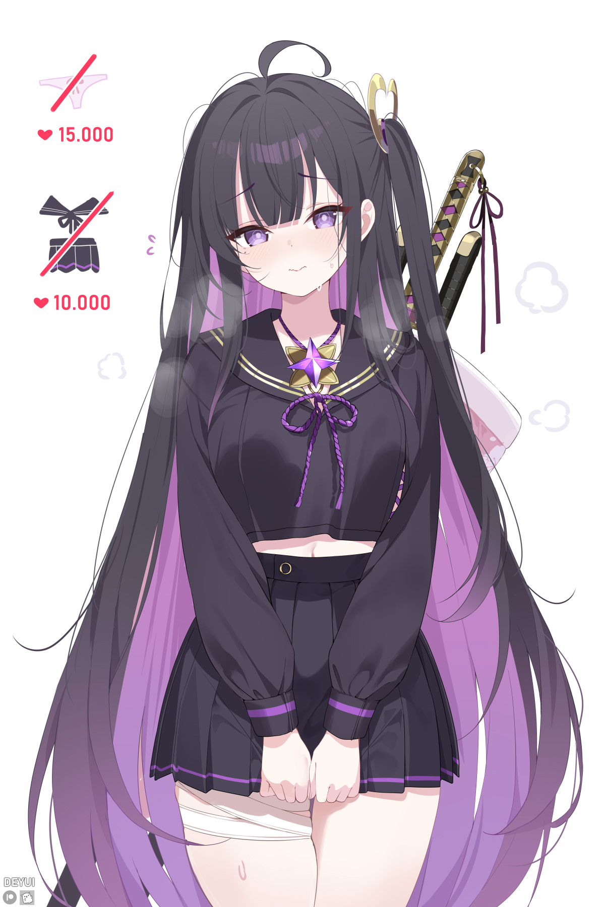deyui, chitose (stella sora), stella sora, highres, 1girl, bandage on leg, bandage on thigh, black hair, black shirt, black skirt, blush, breasts, closed mouth, colored inner hair, cowboy shot, cropped shoulders, flying sweatdrops, katana, large breasts, long hair, long sleeves, looking at viewer, midriff, miniskirt, multicolored hair, navel, neck ribbon, pleated skirt, puffy long sleeves, puffy sleeves, purple eyes, purple hair, purple ribbon, ribbon, shirt, simple background, skindentation, skirt, solo, sweat, sword, sword on back, thighs, twitter strip game, v arms, very long hair, weapon, weapon on back, white background
