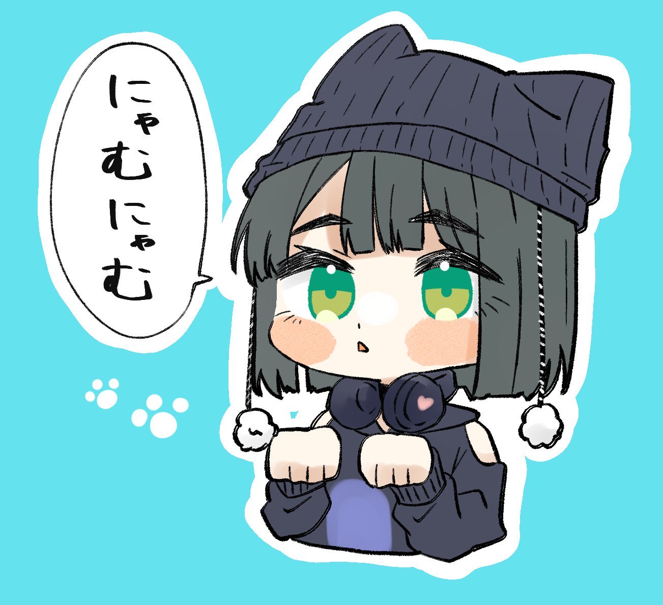 puripuri hurai, momose ginko, osawa rurino, link! like! love live!, love live!, commentary request, 1girl, animal hat, bare shoulders, beanie, black hair, black hat, black hoodie, blue background, blunt bangs, blunt ends, blush stickers, bob cut, cat hat, clothing cutout, cosplay, cropped torso, green eyes, hat, hood, hoodie, long sleeves, nyao signyal, official alternate costume, osawa rurino (cosplay), outline, paw pose, short hair, shoulder cutout, simple background, solo, speech bubble, virtual youtuber, white outline