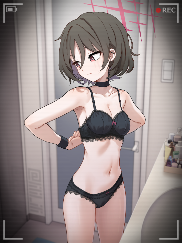 special cat, misaki (blue archive), blue archive, commentary request, paid reward available, variant set, 1girl, battery indicator, black bra, black panties, bra, breasts, choker, halo, navel, panties, recording, red eyes, red halo, scanlines, short hair, solo, underwear, viewfinder, voyeurism