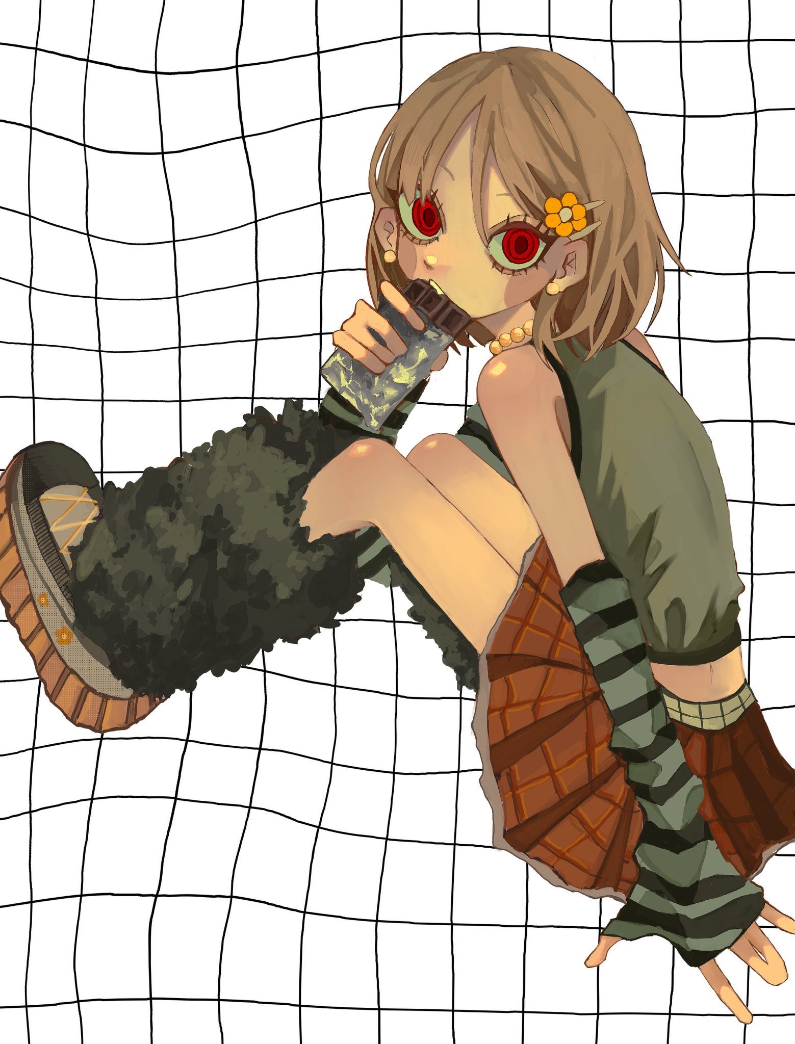 fffkace, chara (undertale), undertale, utdr (toby fox), highres, arm warmers, black arm warmers, chocolate, jewelry, leg warmers, looking at viewer, miniskirt, necklace, piercing, red eyes, short hair, skirt