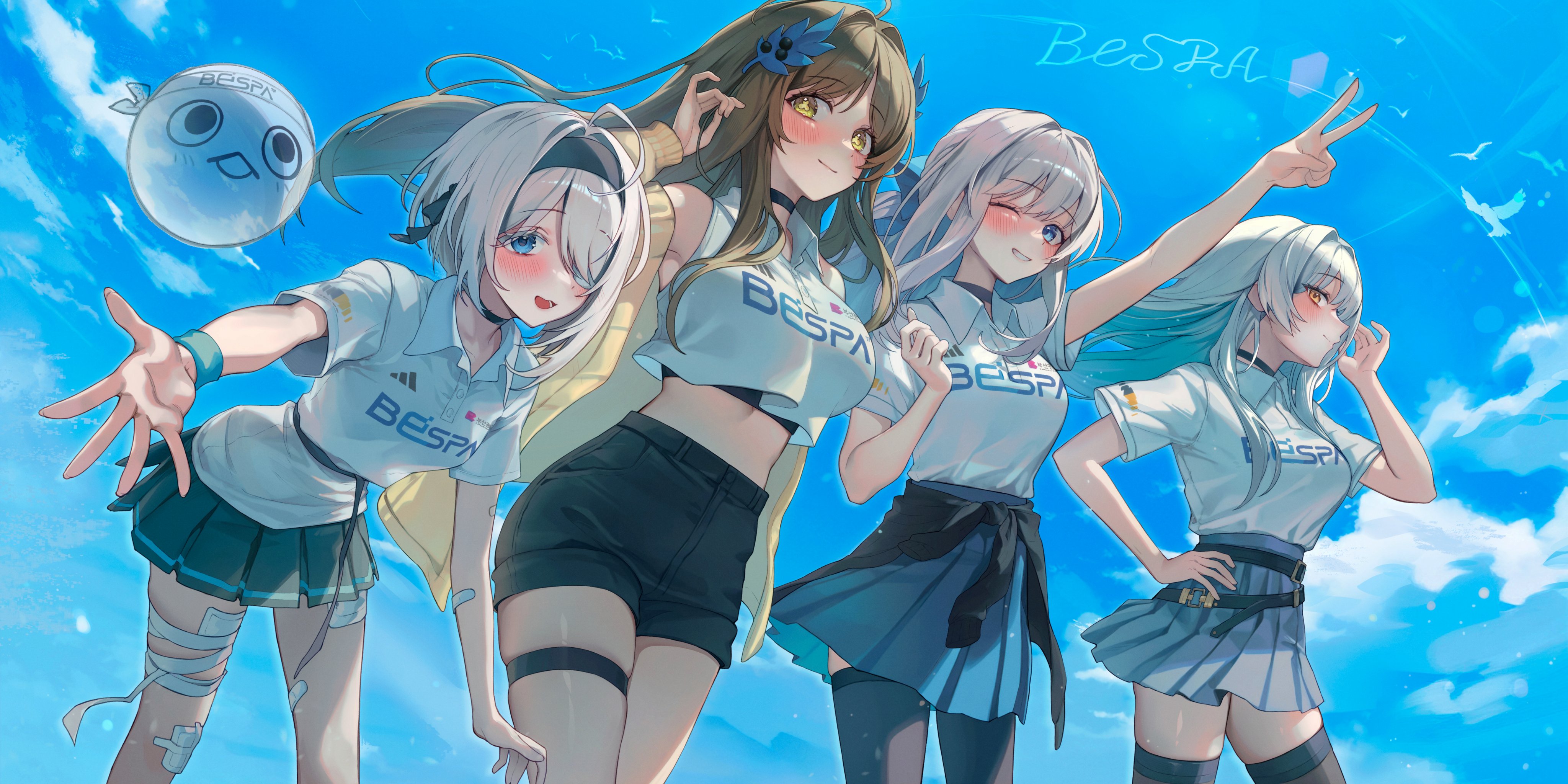 gyogyog, adina savic, gweon sua, minami rio, sissela kyle, black survival, eternal return: black survival, absurdres, highres, 4girls, ahoge, alternate costume, arm up, black choker, black shorts, black skirt, black thighhighs, blue eyes, blue skirt, breasts, brown hair, choker, closed mouth, collared shirt, crop top, crop top overhang, day, eyepatch, green eyes, grin, hair over one eye, hairband, hand on own hip, hand up, high-waist shorts, jacket, large breasts, leaning forward, long hair, long sleeves, looking at viewer, midriff, miniskirt, multiple girls, off shoulder, one eye closed, open clothes, open jacket, open mouth, orange eyes, outdoors, outstretched arm, pleated skirt, shirt, shirt tucked in, short hair, short shorts, shorts, skindentation, skirt, sleeveless, sleeveless shirt, smile, symbol-shaped pupils, thigh strap, thighhighs, thighs, v, white hair, white shirt, wilson (black survival), yellow jacket, zettai ryouiki